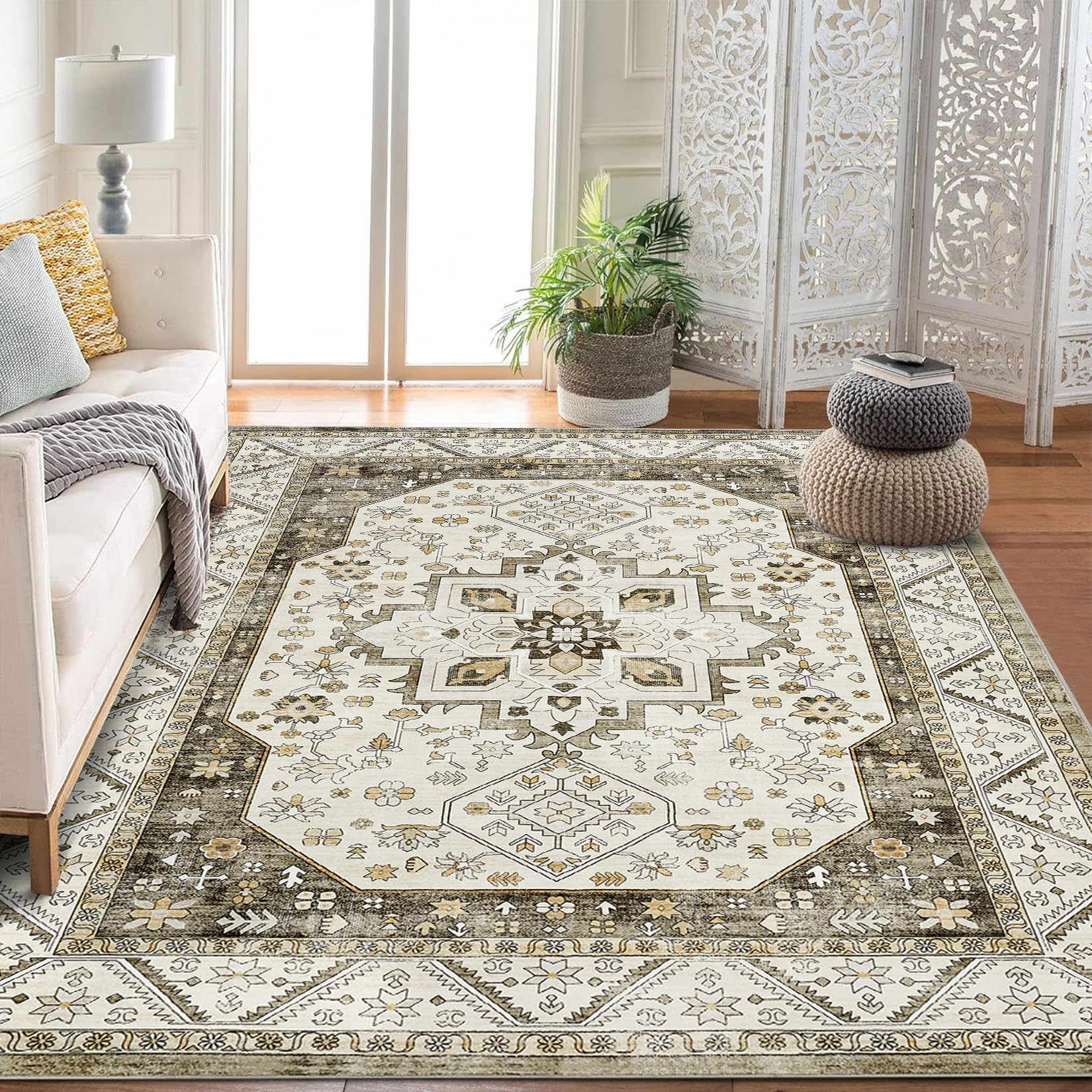 Tappeto Garvee Vintage Boho 200x290cm, antiscivolo, lavabile, morbido cashmere sintetico, pelo corto, soggiorno, camera da letto, beige
