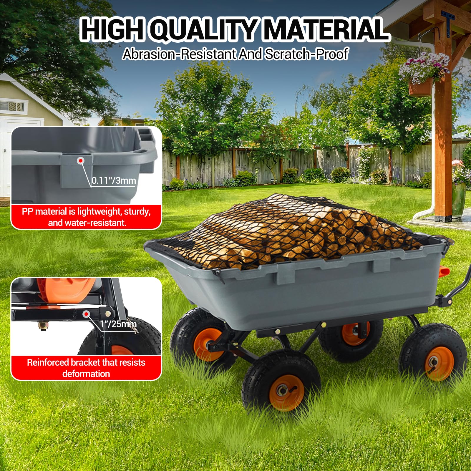 Autocarro con cassone ribaltabile per impieghi gravosi Garvee, capacità di 408 kg, pneumatici fuoristrada da 33 cm, maniglia 2 in 1, telaio in metallo, scarico rapido, per giardino e cortile, robusto grigio