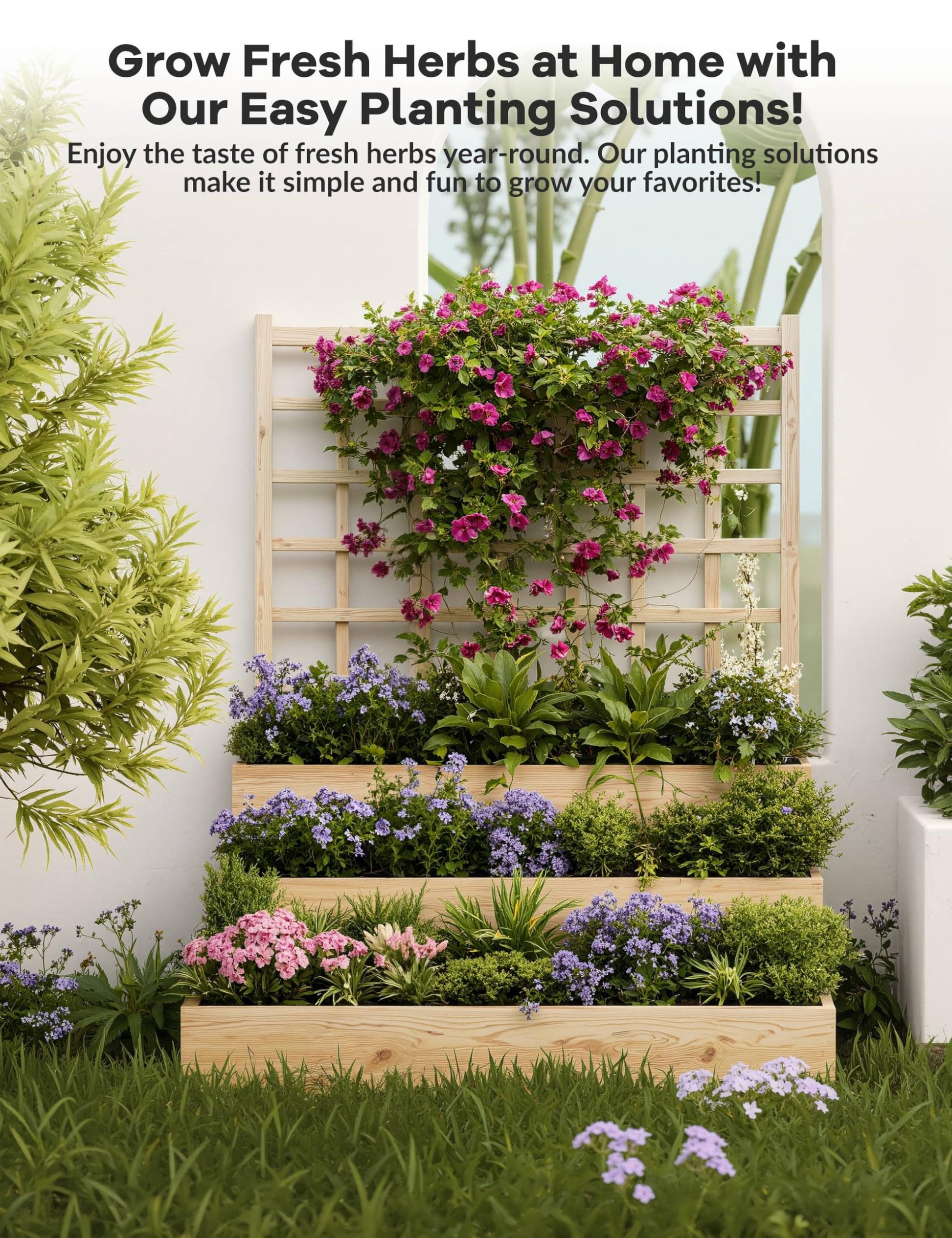 Aiuola rialzata Garvee a 3 livelli in legno di abete con traliccio per balcone e giardino, modulare, aperta, in legno naturale
