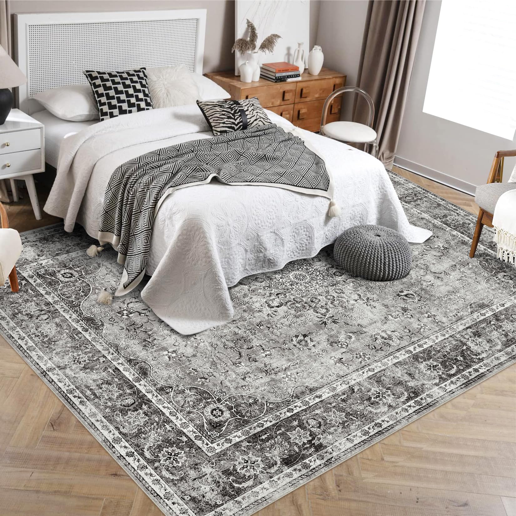 Tappeto lavabile Garvee 160x230cm Tappeto retrò vintage a pelo corto per soggiorno, camera da letto, sala da pranzo, grigio, antiscivolo, morbido, grande