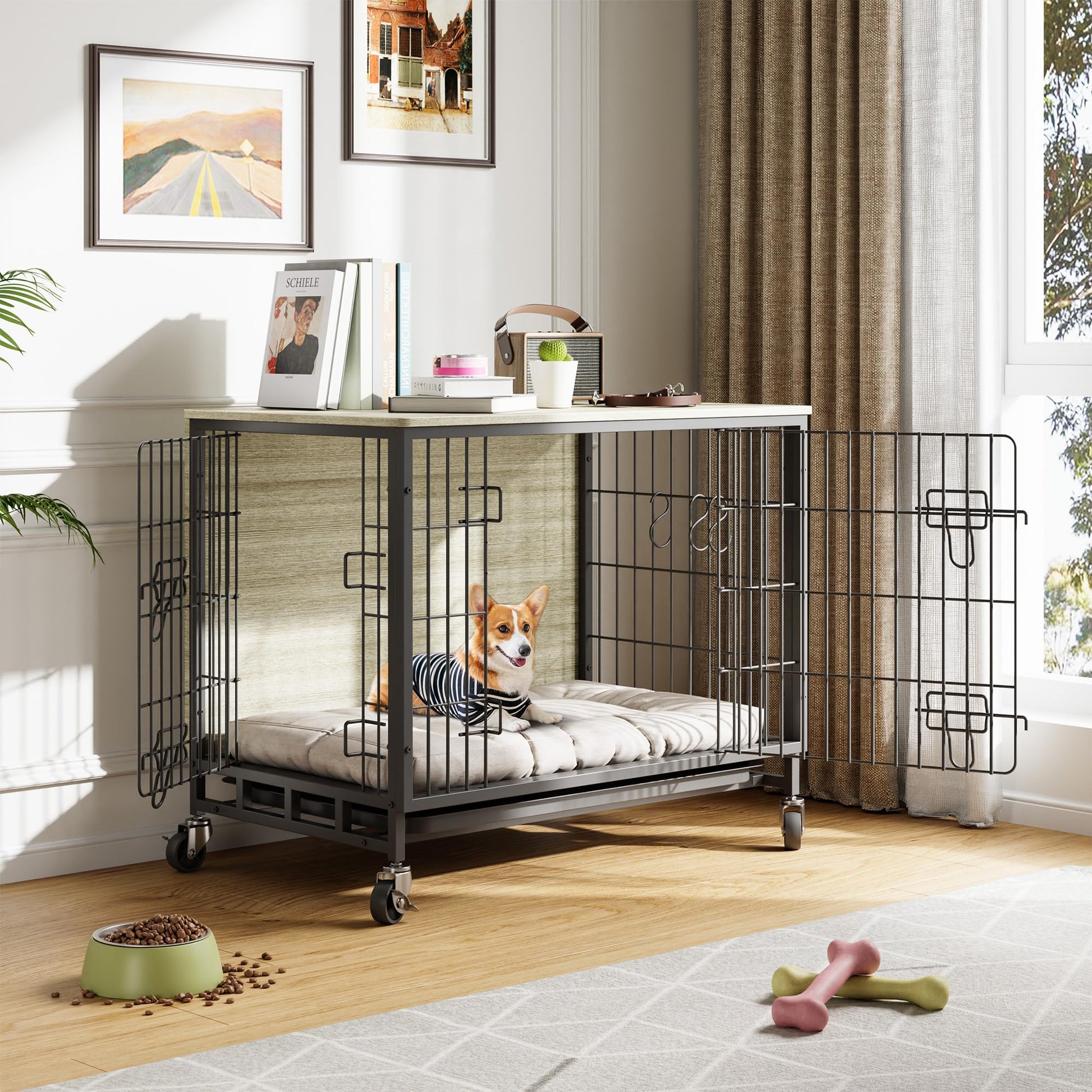 Garvee Dog Crate Furniture 27,2" in legno con ruote e doppie porte per cani di piccola e media taglia, per interni, grigio rustico