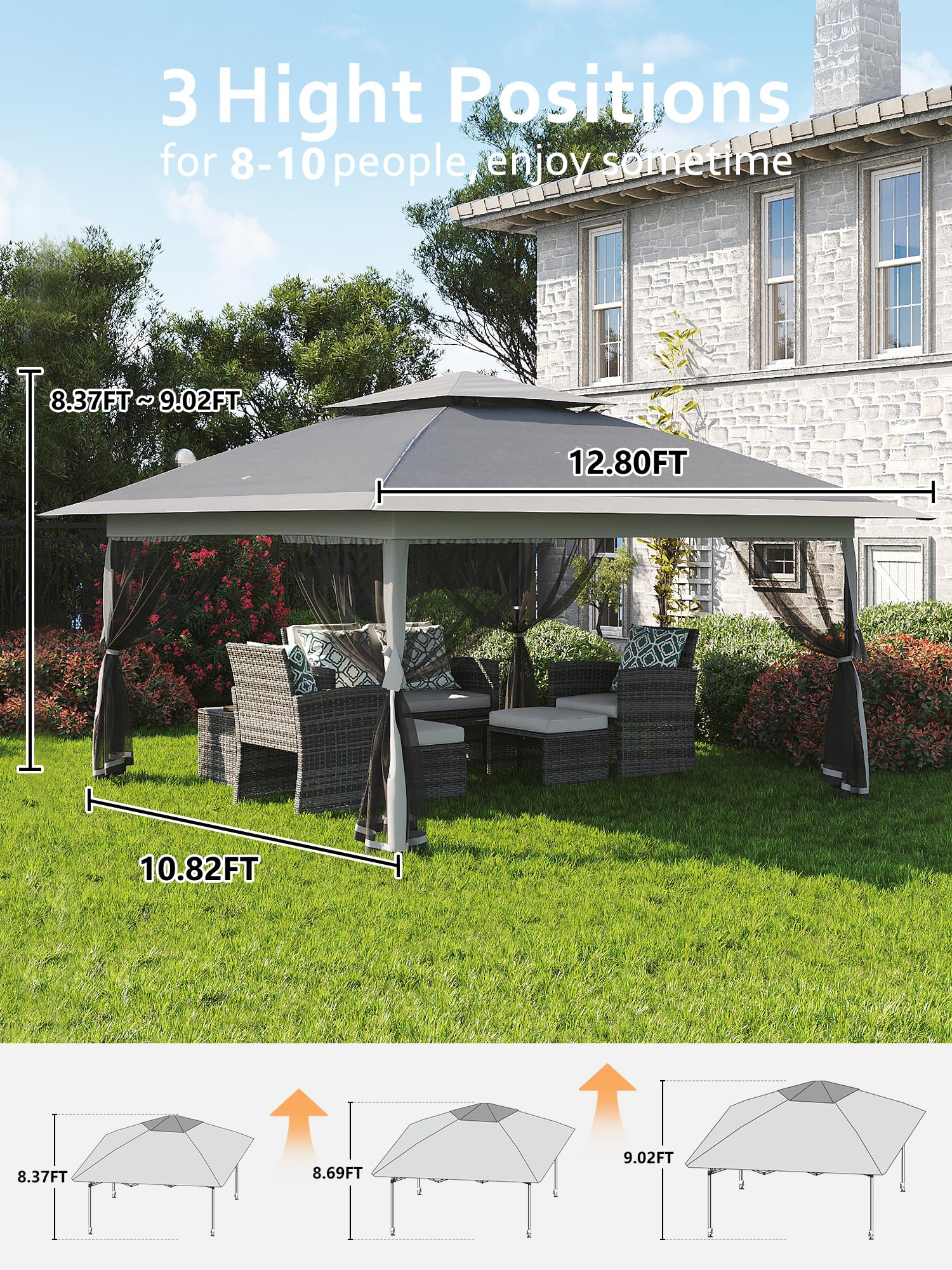 Gazebo pieghevole Garvee 13x13FT con zanzariera, struttura in acciaio robusto, giardino e patio, argento