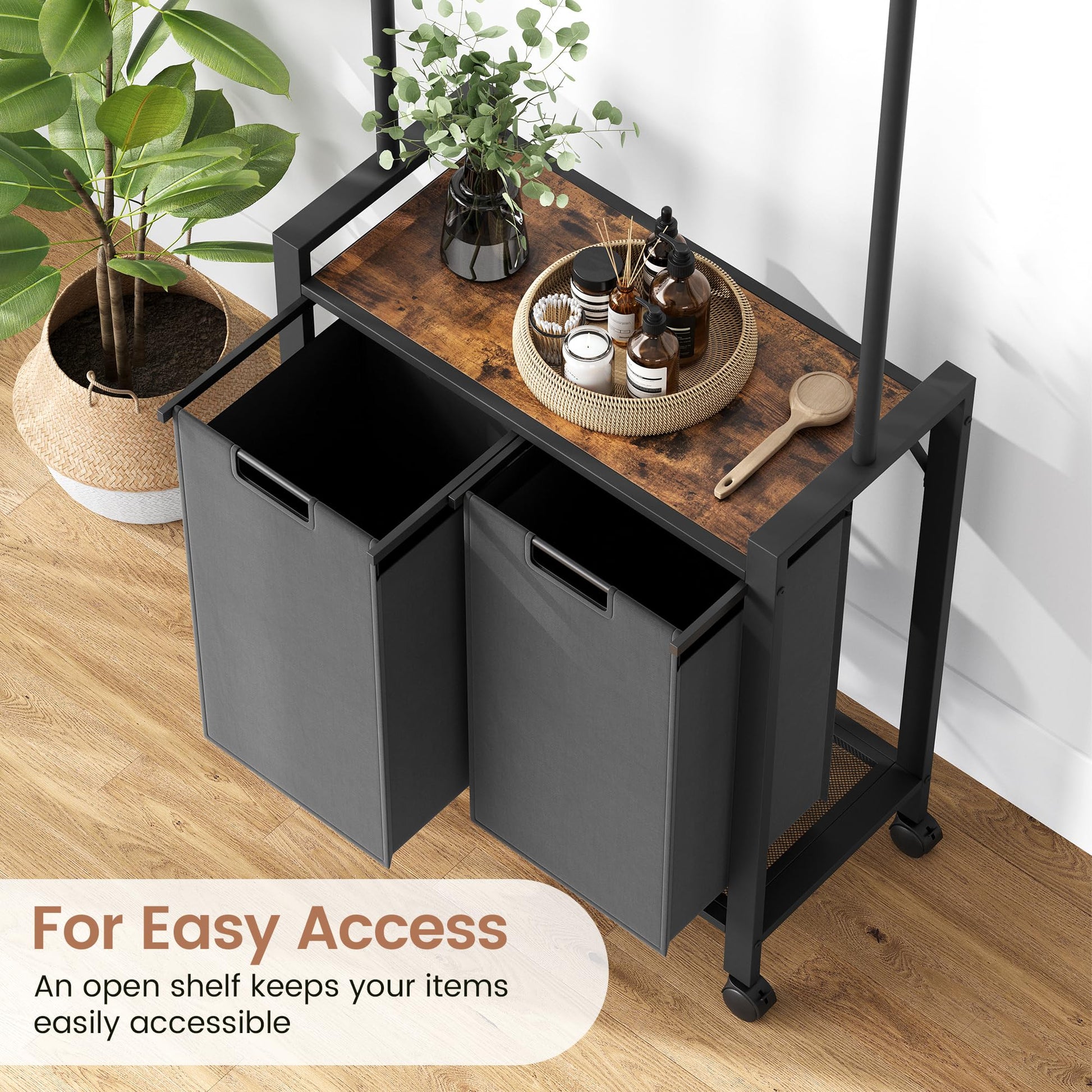 Garvee Laundry Sorter, cesto portabiancheria a 2 sezioni con asta appendiabiti e ripiano in legno per lavanderia, 2 x 49.2 L, nero