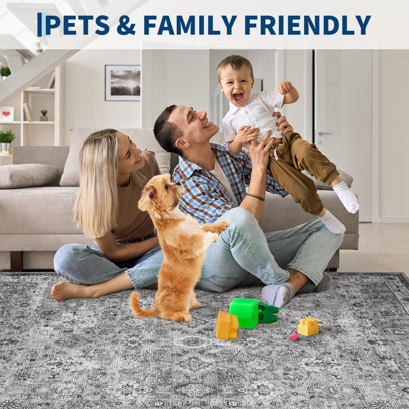 Tappeto per soggiorno Garvee Boho, grande, vintage, lavabile, a pelo corto, antiscivolo, grigio, 200x290 cm