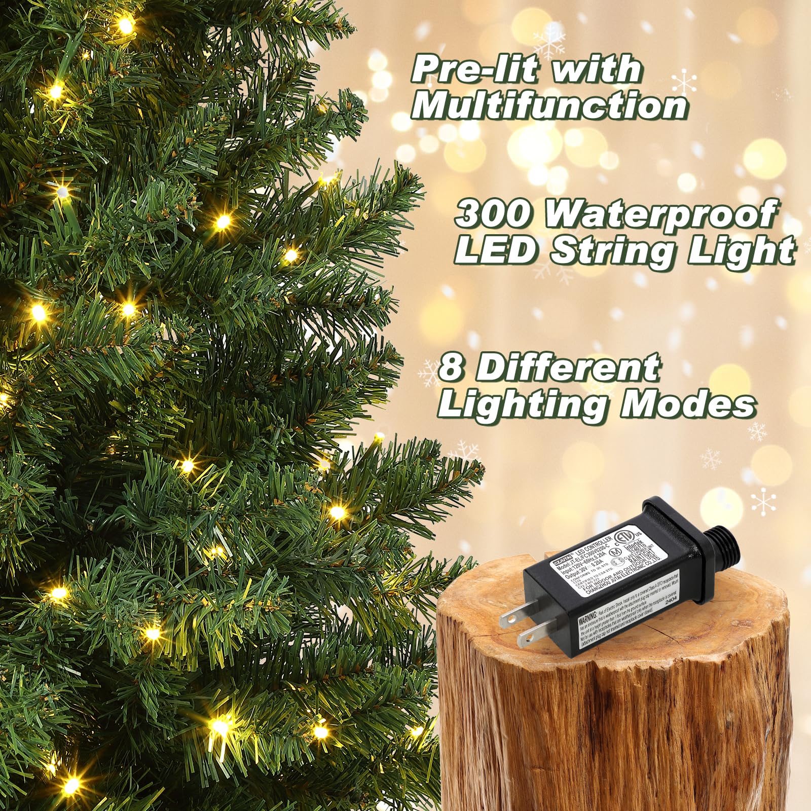 Albero di Natale artificiale Garvee da 4.5 piedi verde con 300 luci LED, 8 modalità di illuminazione, anche in PVC per casa e fisso, base in cemento, denso e realistico