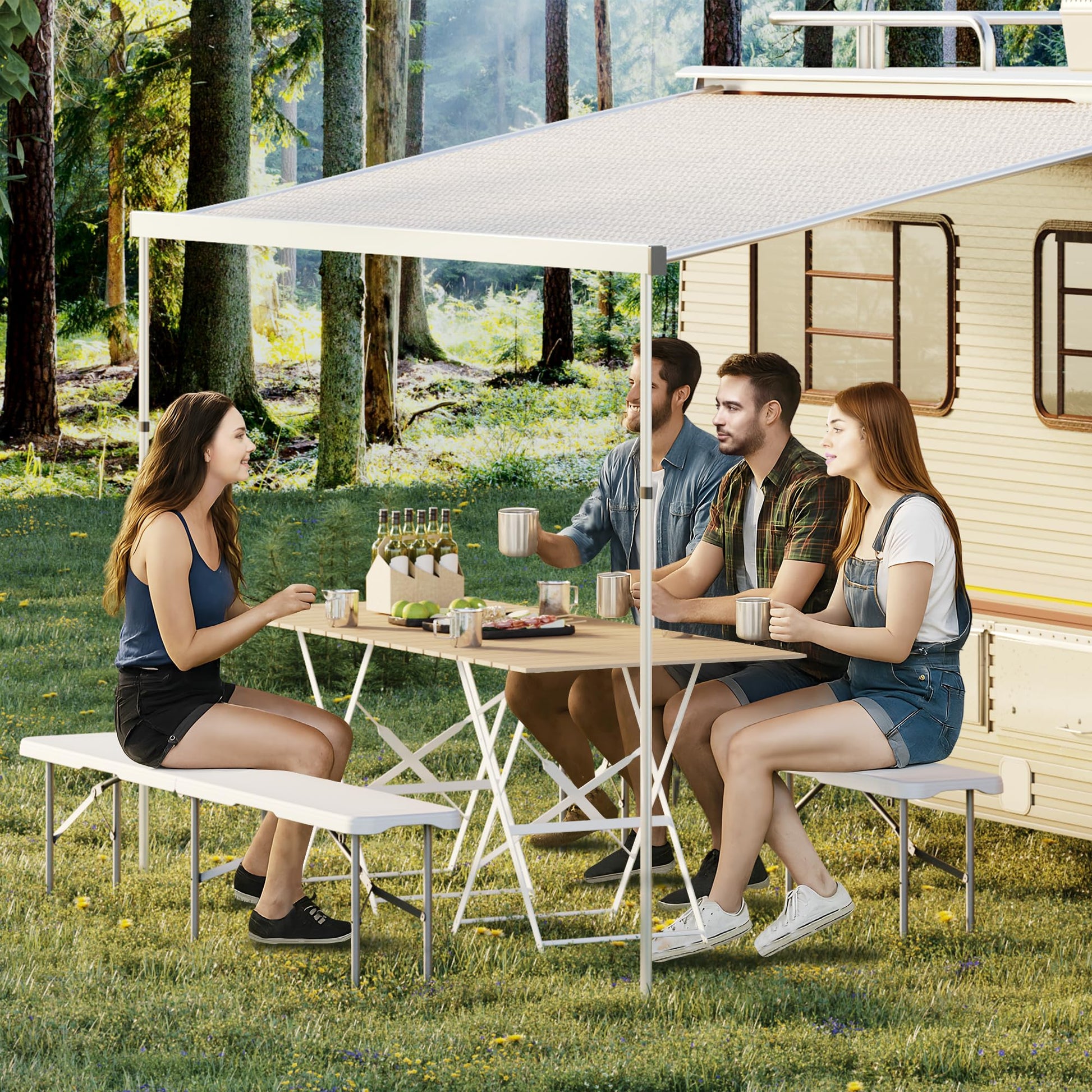 Panca pieghevole portatile Garvee da 6 piedi, set da 2 pezzi in plastica HDPE bianca per picnic e sport all'aperto, stabile, resistente alle intemperie, pieghevole