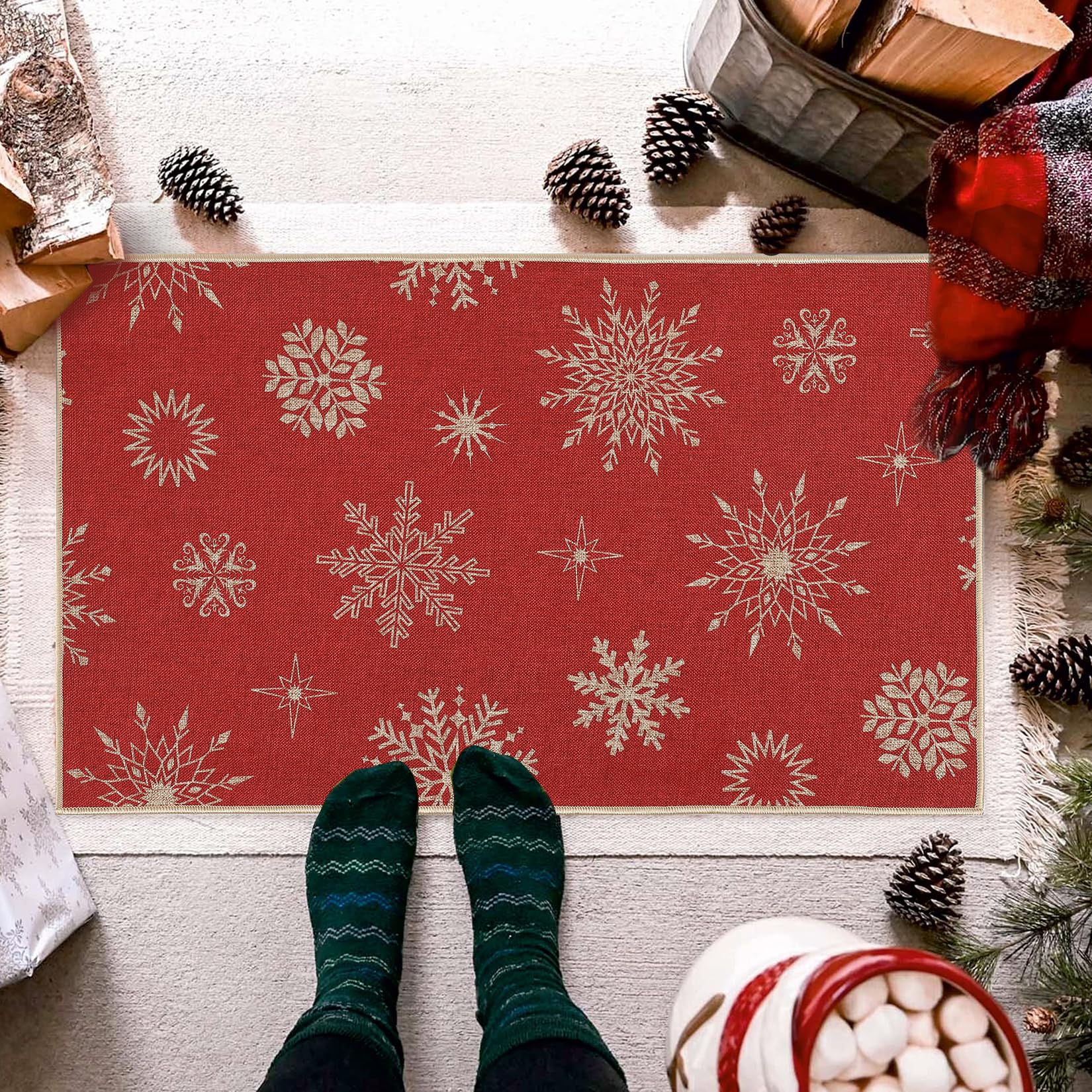 Garvee Zerbino Natalizio 40x60cm 1800gsm Poliestere Juta Antiscivolo Rosso Con Cristalli Di Neve Glitterati Per Ingresso E Interni Invernali