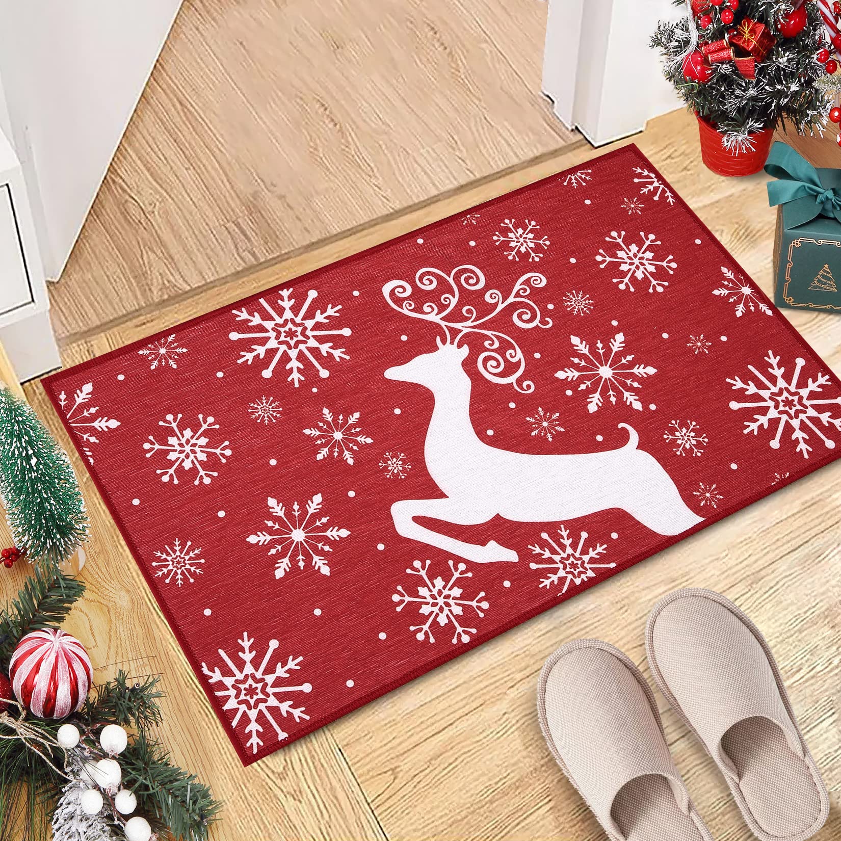 Tappetino decorativo natalizio Garvee, antiscivolo, 40x60 cm, per uso interno ed esterno, resistente, motivo natalizio per l'ingresso, rosso