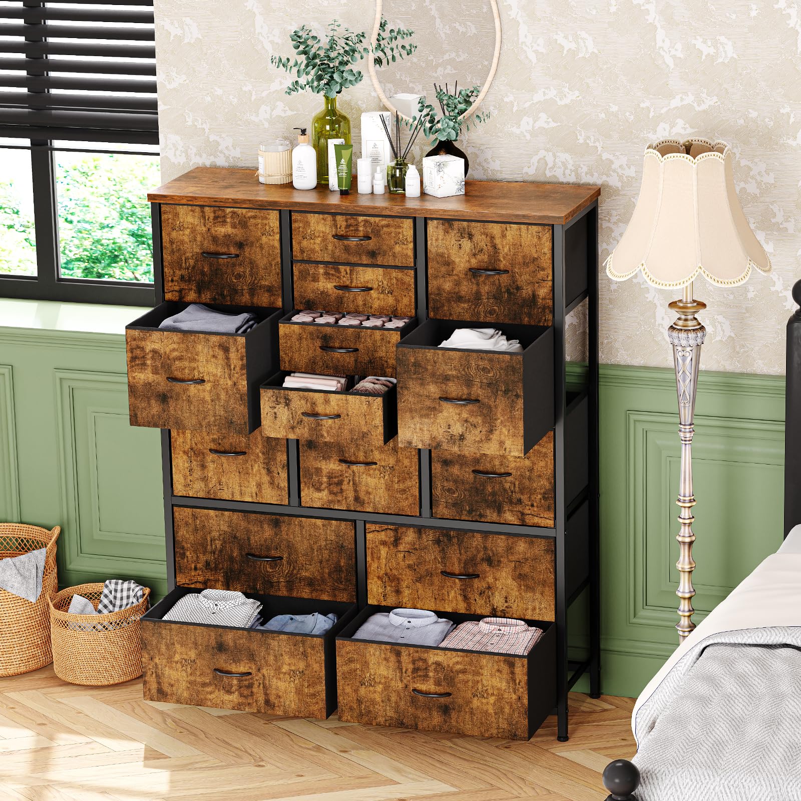 Garvee Commode en Tissu con 15 cassetti, struttura in metallo, robusto e durevole, 100x30x123 cm, camera da letto e soggiorno, grigio