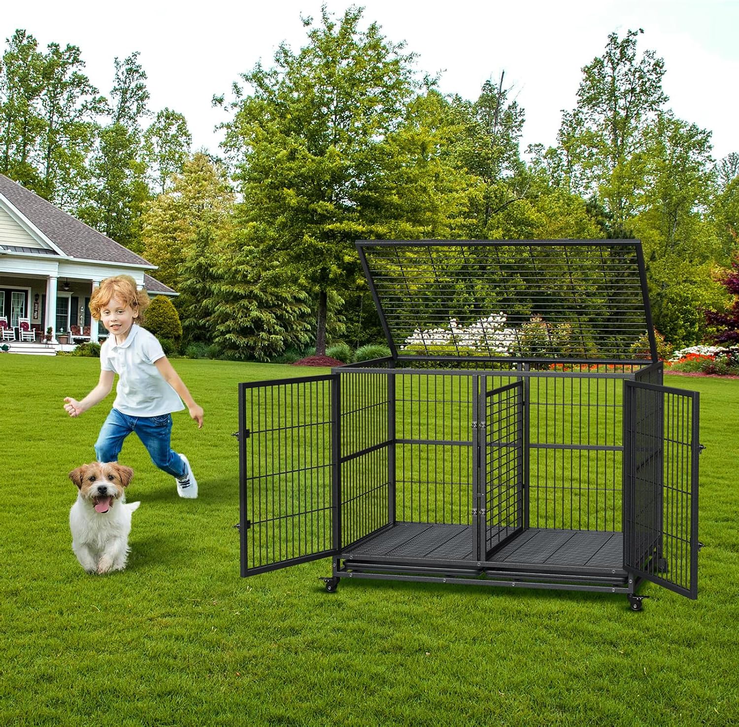 Garvee Trasportino per cani da 48 pollici con ruote, divisorio, robuste serrature, metallo, vassoio rimovibile per cani di piccola e grande taglia, per interni ed esterni, versatile, nero