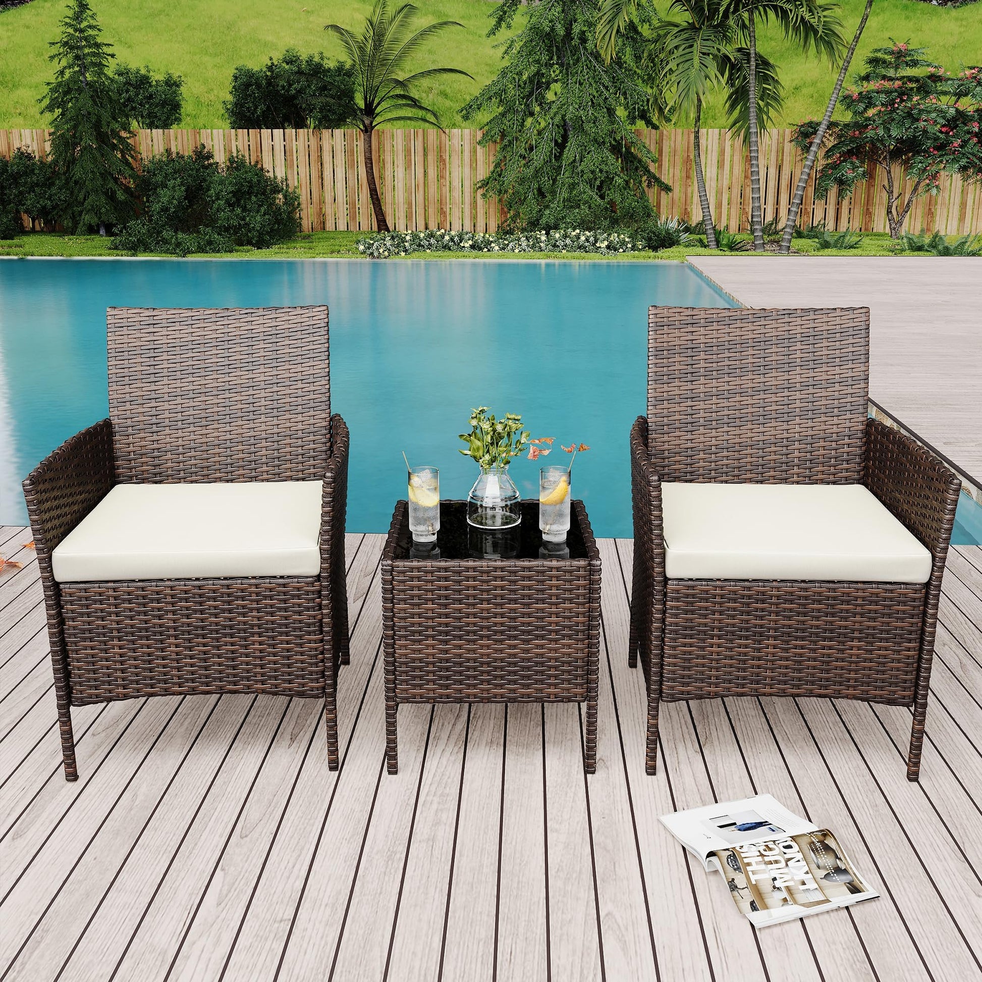 Set di mobili da giardino Garvee, 3 pezzi, rattan PE, sedie ergonomiche, tavolo in vetro, resistente alle intemperie, marrone-beige, balcone, giardino