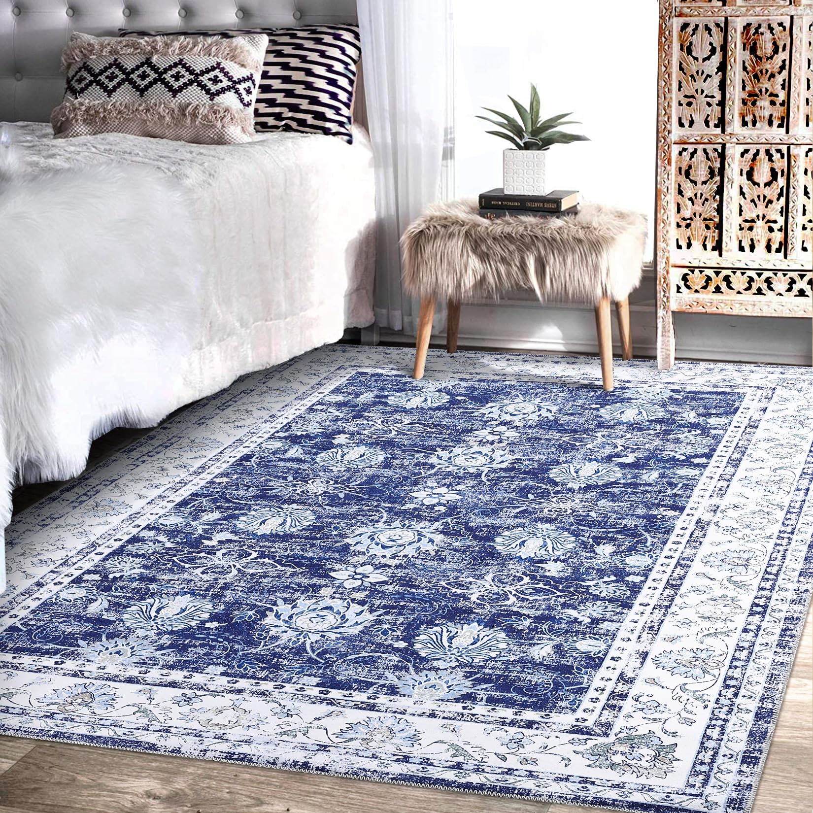 Tappeto orientale Garvee, design vintage, 80x150 cm, blu navy, antiscivolo, a pelo corto, resistente alle macchie, per soggiorno, camera da letto, cucina