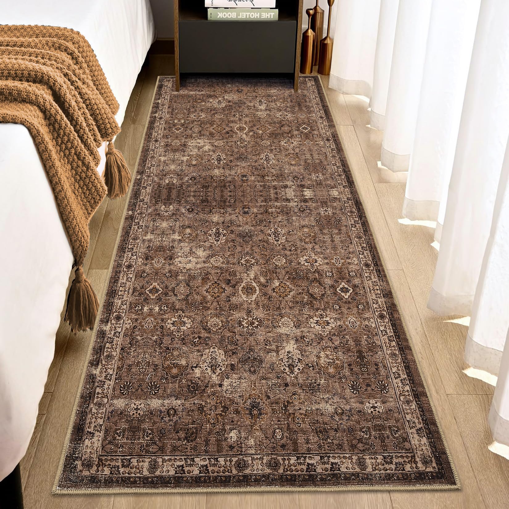 Tappeto vintage Garvee 80 x 150 cm, antiscivolo, lavabile, boho, per soggiorno, camera da letto, sala da pranzo, marrone rossiccio