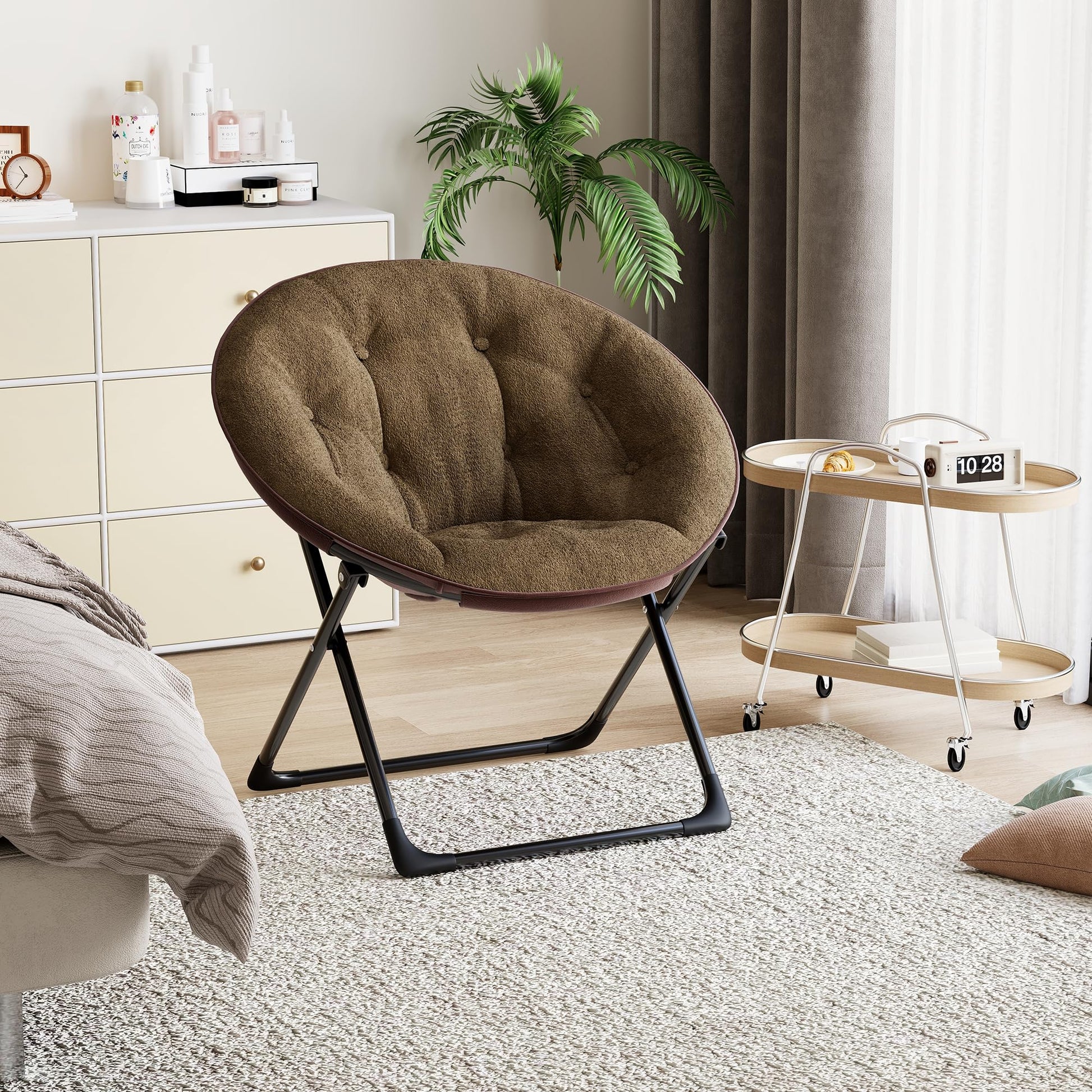 Sedia pieghevole Garvee in pelliccia sintetica, morbida e confortevole, struttura in metallo, marrone, per fotocamera da letto e giardino, leggera e portatile