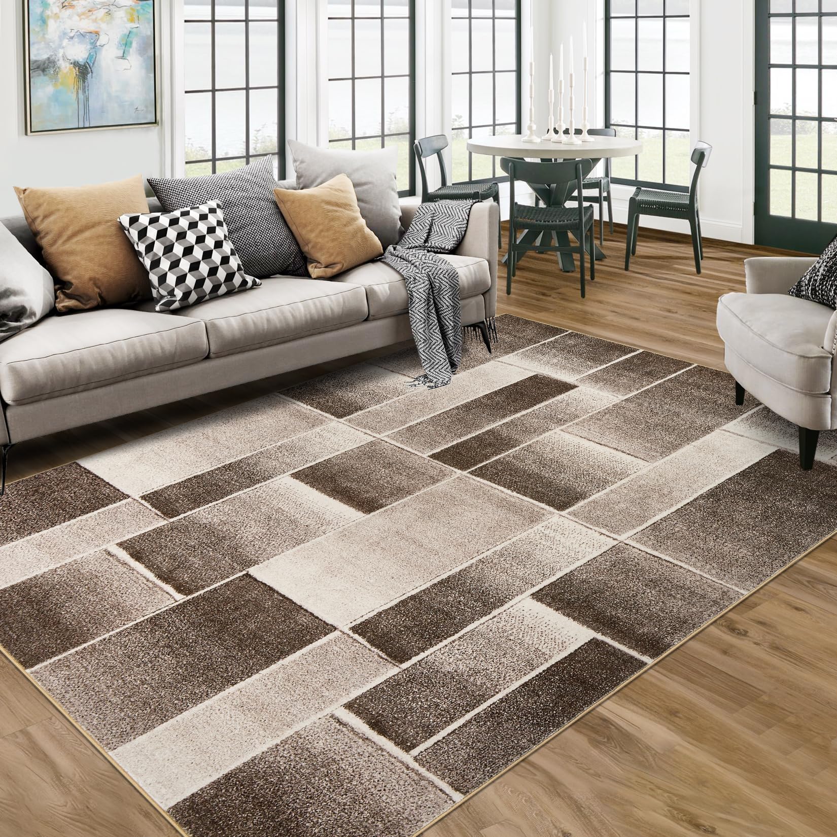 Tappeto moderno a pelo corto Garvee con taglio sagomato e motivo geometrico per soggiorno e camera da letto, 200x290 cm, marrone