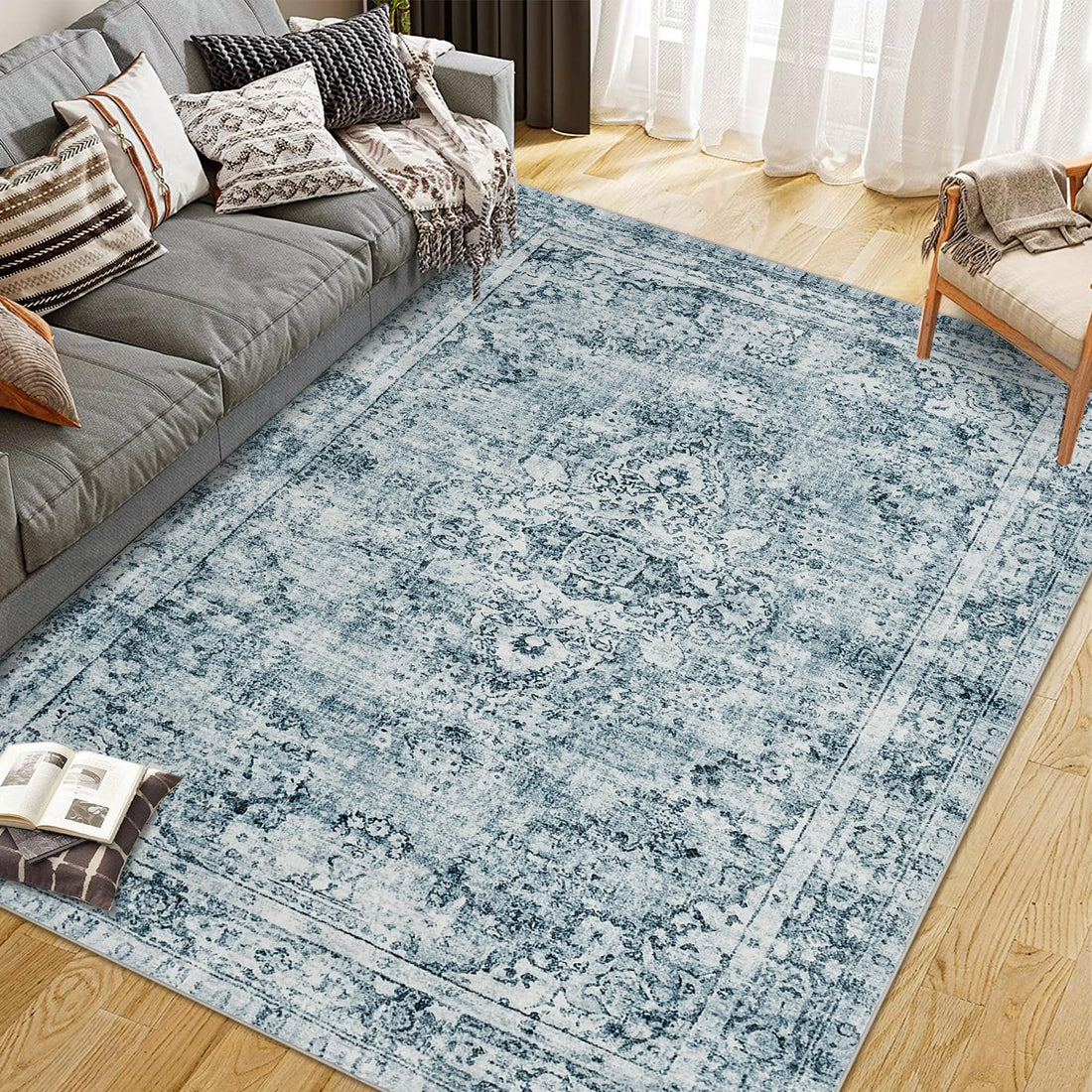 Tappeto a pelo corto Garvee Boho Vintage per soggiorno, camera da letto, lavabile, antiscivolo, poliestere, 200x290 cm, blu