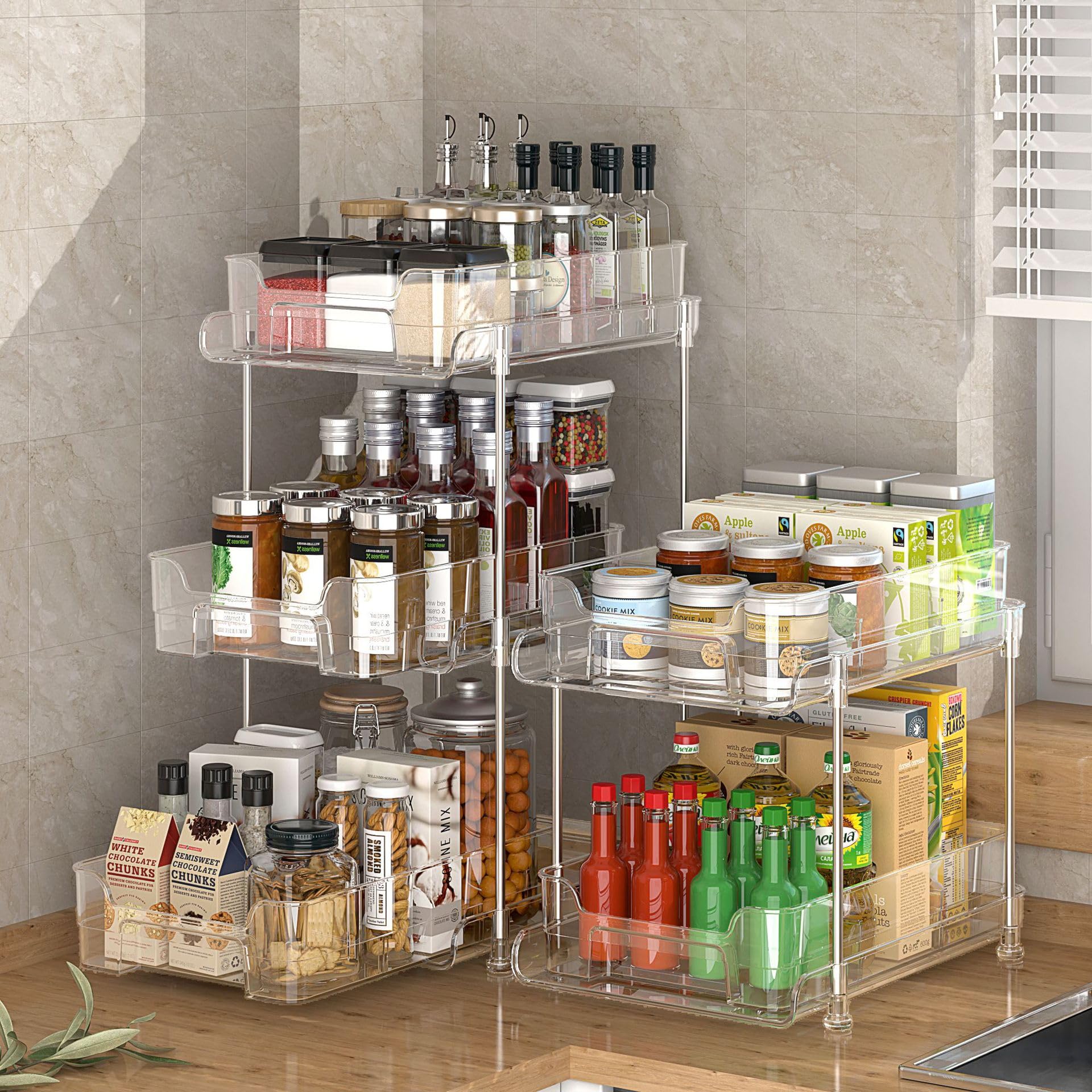 Garvee Clear Organizer per bagno con divisori in PET e acciaio inossidabile, estensibile, per cucina e bagno, trasparente, versatile