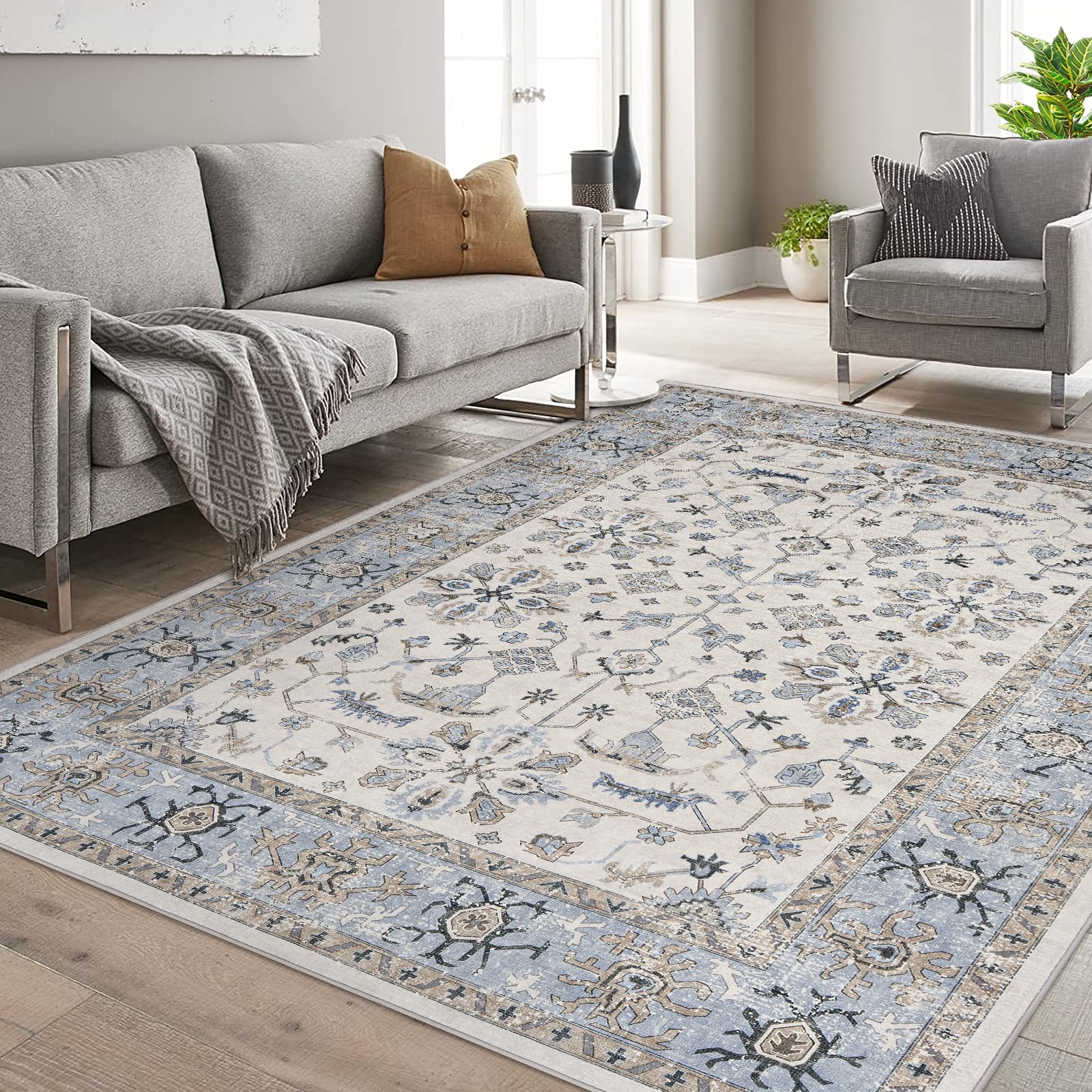 Tappeto lavabile Garvee di ispirazione vintage con motivo floreale classico per soggiorno e camera da letto, 240x340 cm, morbido, antiscivolo, resistente