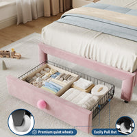 Struttura per letto singolo imbottita Garvee con contenitore e testiera a conchiglia per cameretta dei bambini, rosa, cassetto 25,6" x 16,9", spazio sottoletto 6,3"