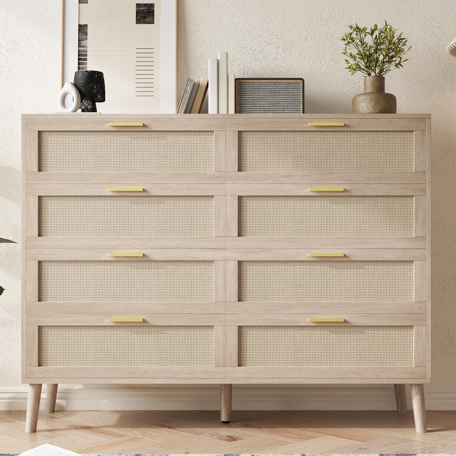 Cassettiera in rattan Garvee con 8 cassetti, spaziosa e robusta, per camera da letto e corridoio, colori naturali