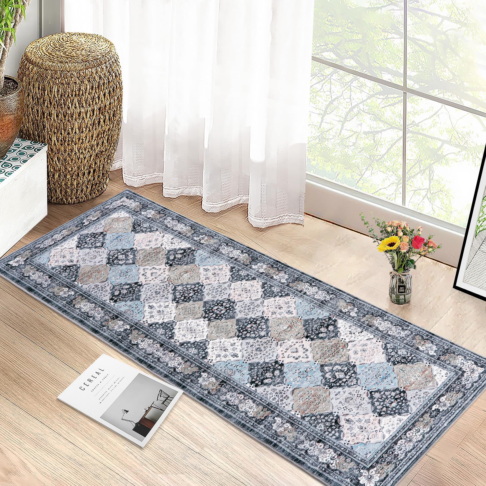 Tappeti Garvee Boho, tappeti lavabili per soggiorno, tavolo da pranzo, camera da letto, cucina, 60 x 230 cm, blu