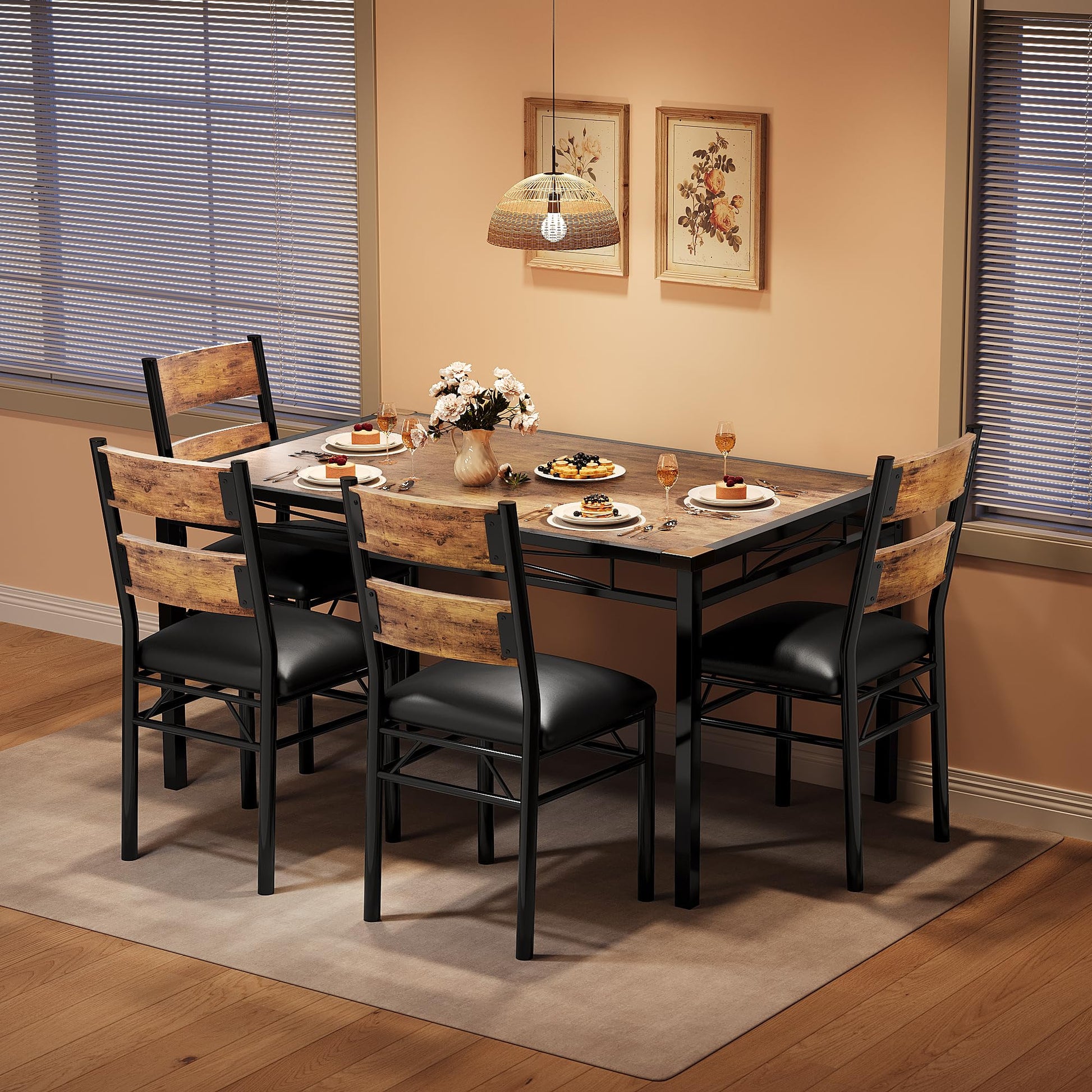Set da pranzo Garvee per 4 persone con protezioni angolari, sedie in PU, struttura in acciaio, piano in legno, marrone retrò, salvaspazio, per cucina e appartamento