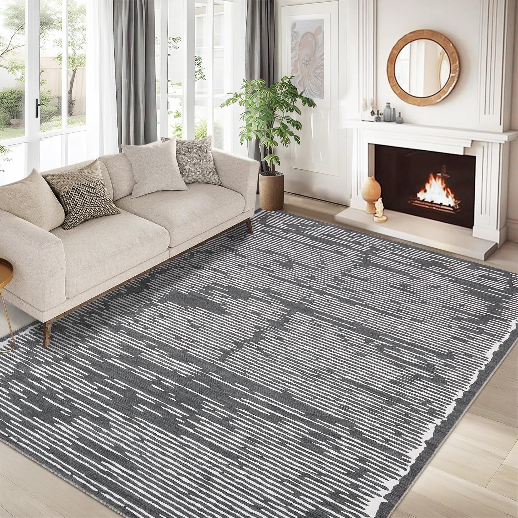 Tappeto a pelo corto Garvee 160x230cm nero per soggiorno camera da letto, soffice e morbido, antiscivolo, motivo a linee minimaliste