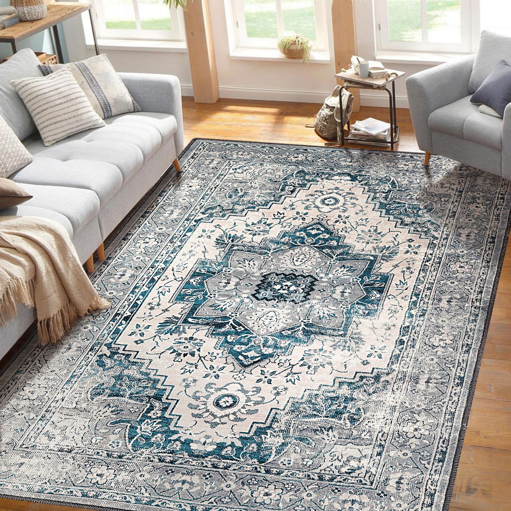 Tappeto decorativo lavabile Garvee, a pelo corto, blu-grigio, 120 x 170 cm, per camera da letto, soggiorno, sala da pranzo, ingresso