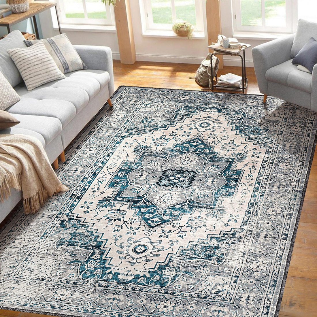 Garvee Teppich Vintage Design Waschbar Rutschfest 100% Polyester Kaschmirimitat Flachflor Grau Blau 160x230cm Wohnzimmer Schlafzimmer