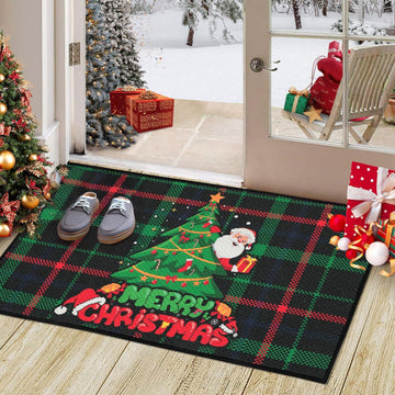 Garvee Zerbino Natalizio Antiscivolo con Albero di Natale e Babbo Natale, Poliestere Effetto Lino, 40x80 cm, Per Uso Interno ed Esterno, Rosso e Verde