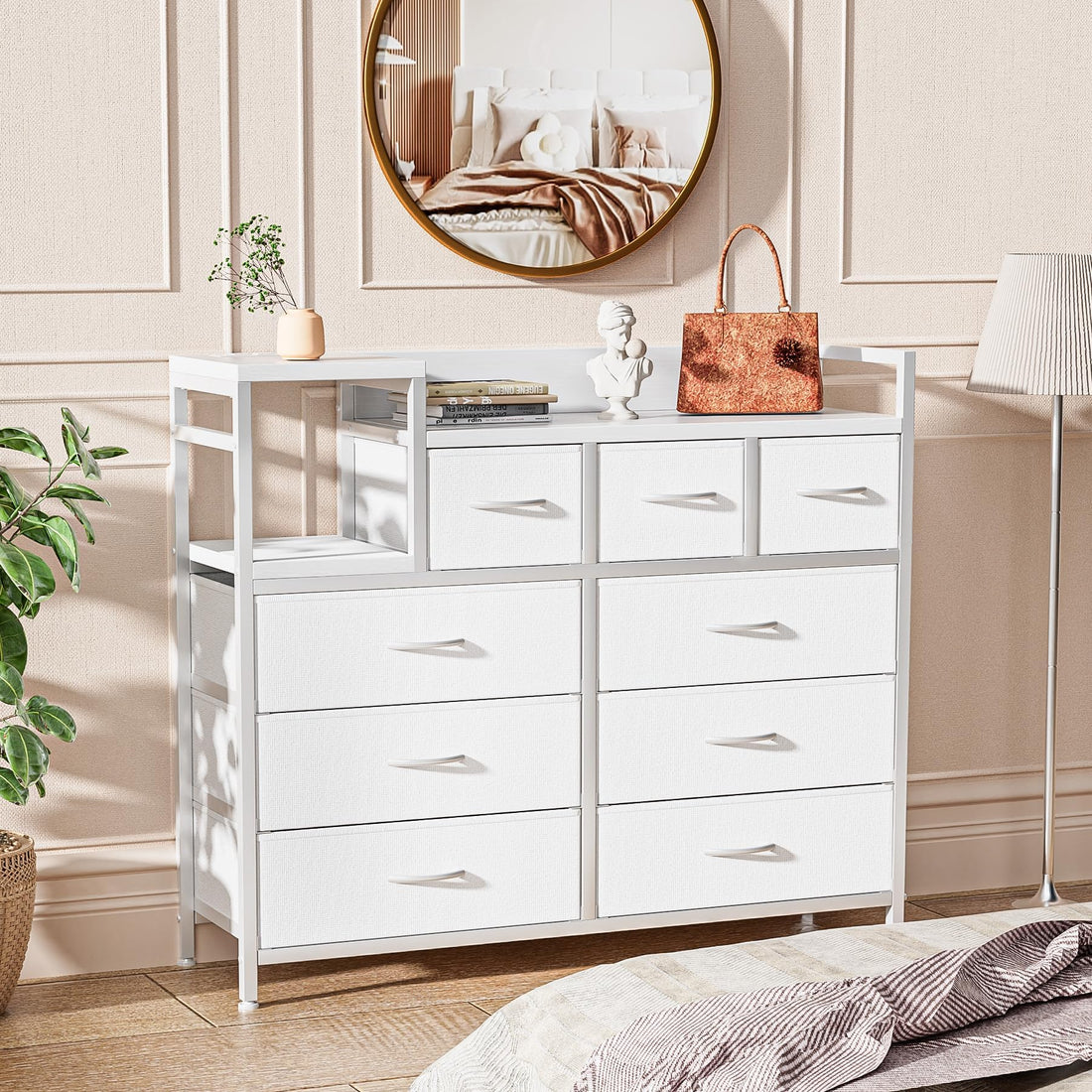 Cassettiera Garvee con 9 cassetti in tessuto, multifunzionale per camera da letto e soggiorno, 100x30x86 cm, bianco