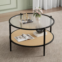 Tavolino da caffè Garvee in rattan da 30" con 2 ripiani, struttura in metallo, piano in vetro effetto onda, nero, soggiorno e ufficio, 30"