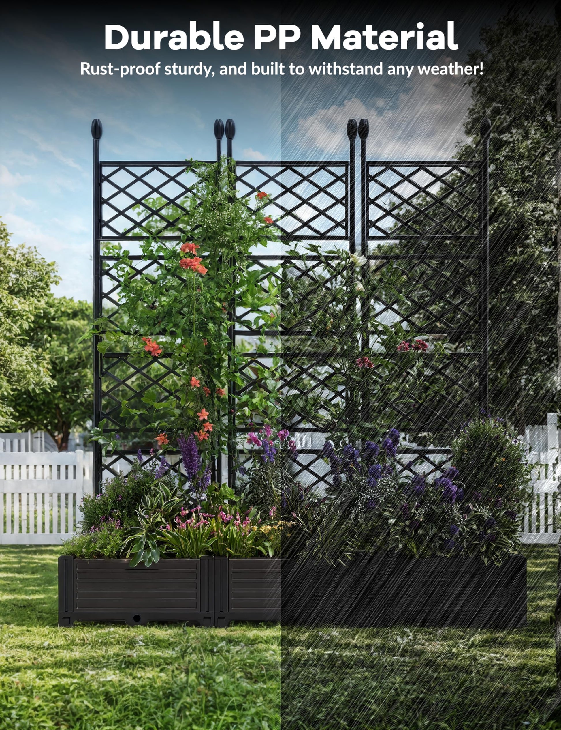 Aiuola rialzata Garvee da 3 pezzi con traliccio, in plastica, antivento, resistente, per balcone e giardino, nera