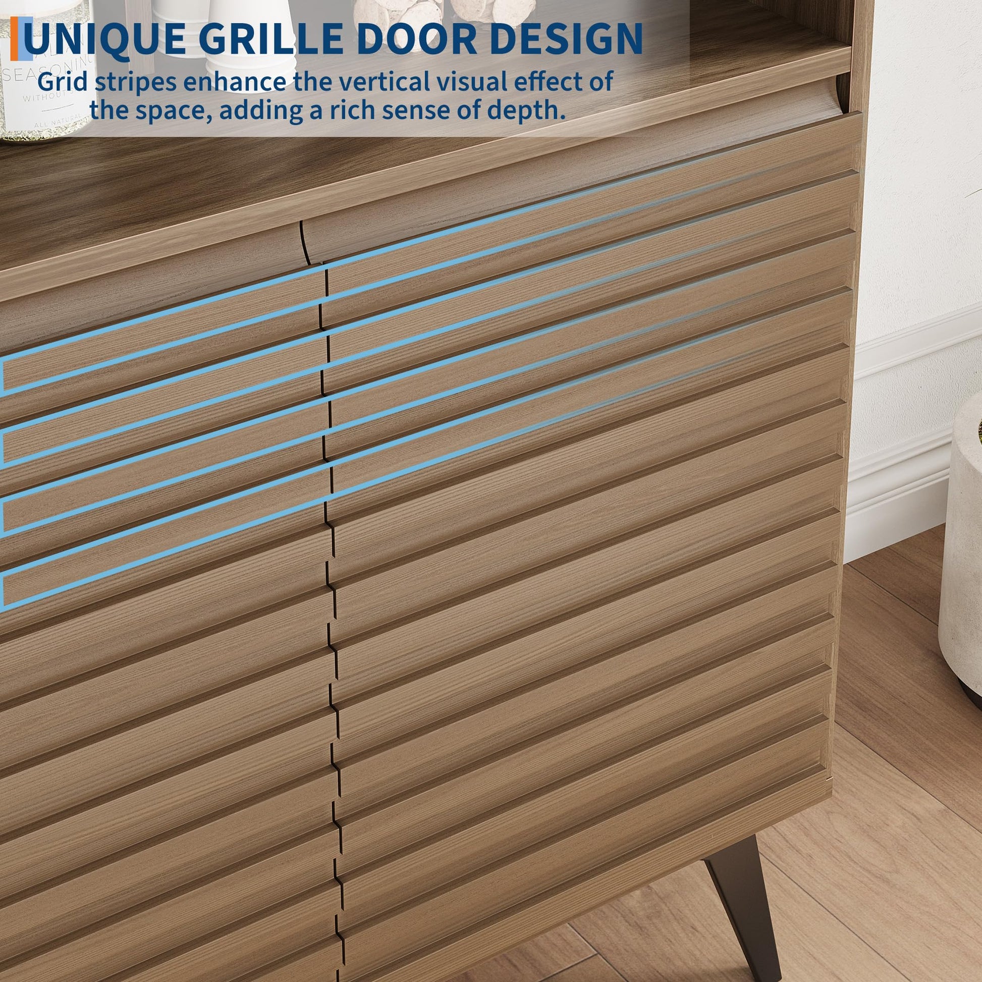 Credenza con ante scanalate Garvee, con ripiani regolabili, per soggiorno, cucina, corridoio, struttura in legno, gambe 3D, gambe in metallo
