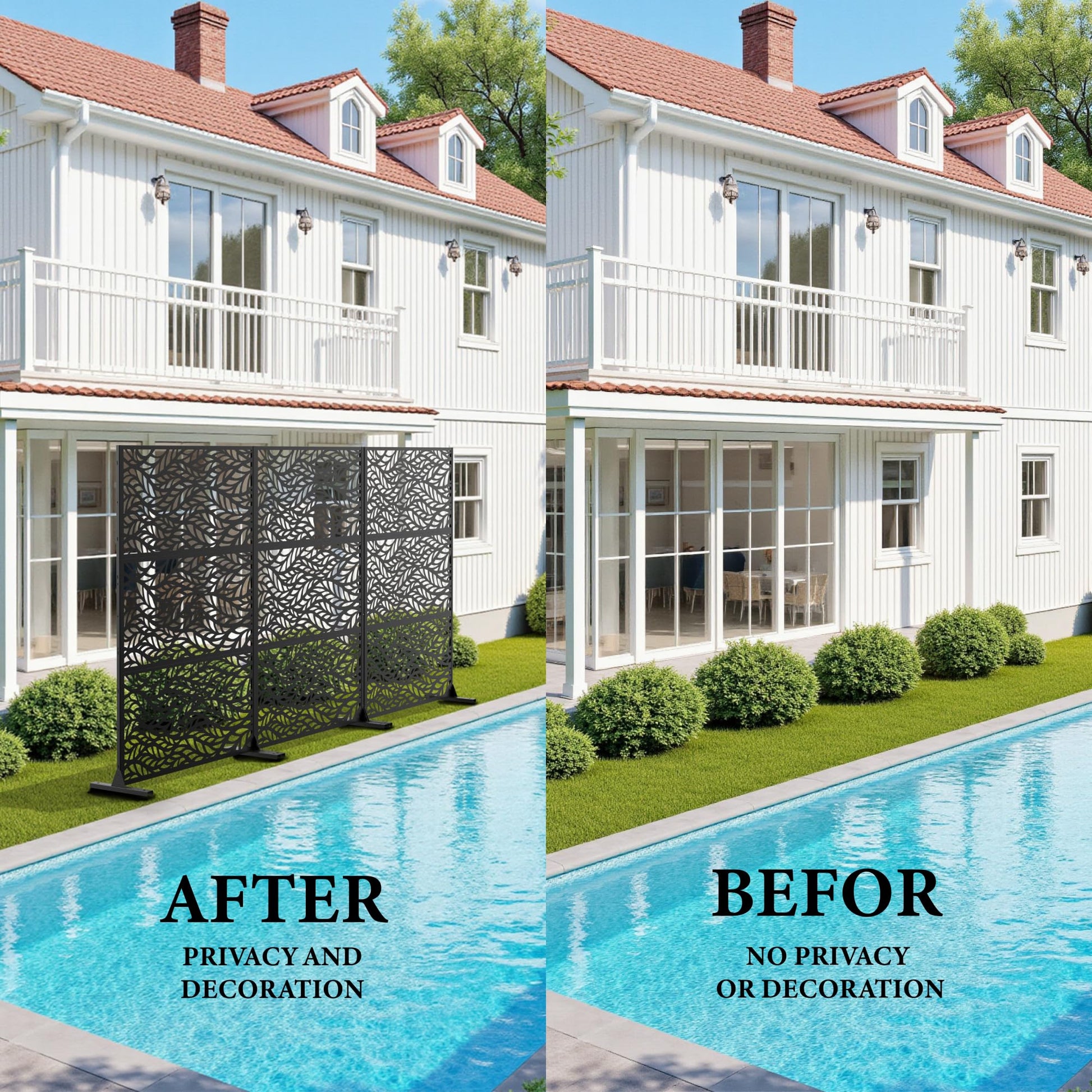 Garvee Metal Privacy Screen 72"x47" Robusto acciaio verniciato a polvere per giardino e balcone, antiruggine, 3 pannelli, autoportante, nero