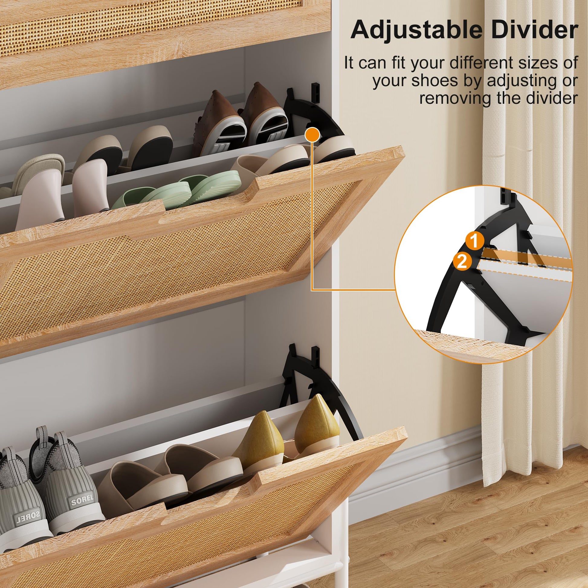 Scarpiera in rattan naturale Garvee con 2 ante a ribalta, cassetto, ripiani regolabili, bianco e rovere per corridoio e ingresso