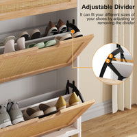 Scarpiera in rattan naturale Garvee con 2 ante a ribalta, cassetto, ripiani regolabili, bianco e rovere per corridoio e ingresso