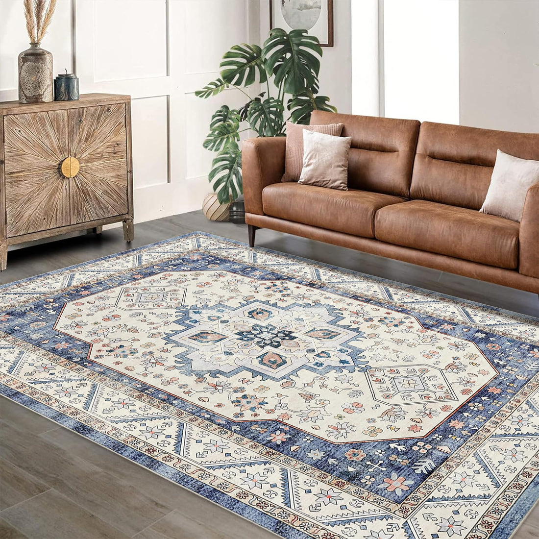Tappeto vintage boho Garvee 200x290 cm, antiscivolo, lavabile, morbido, a pelo corto, in poliestere TPR, gomma, soggiorno, camera da letto, ufficio
