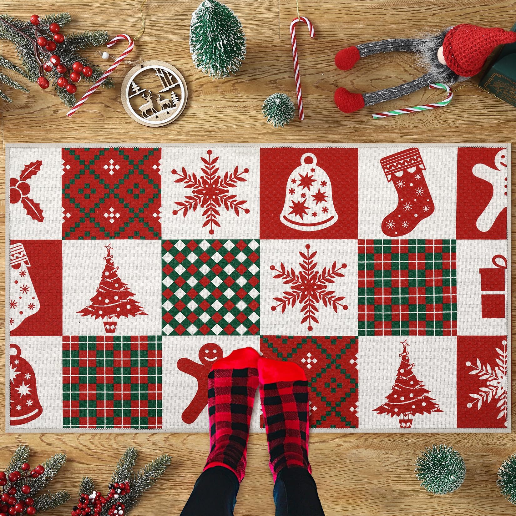 Garvee Zerbino Navideño Esterno Lavabile Antiscivolo 40x80 cm Rosso Poliestere Impermeabile Sicuro per Ingresso Festivo