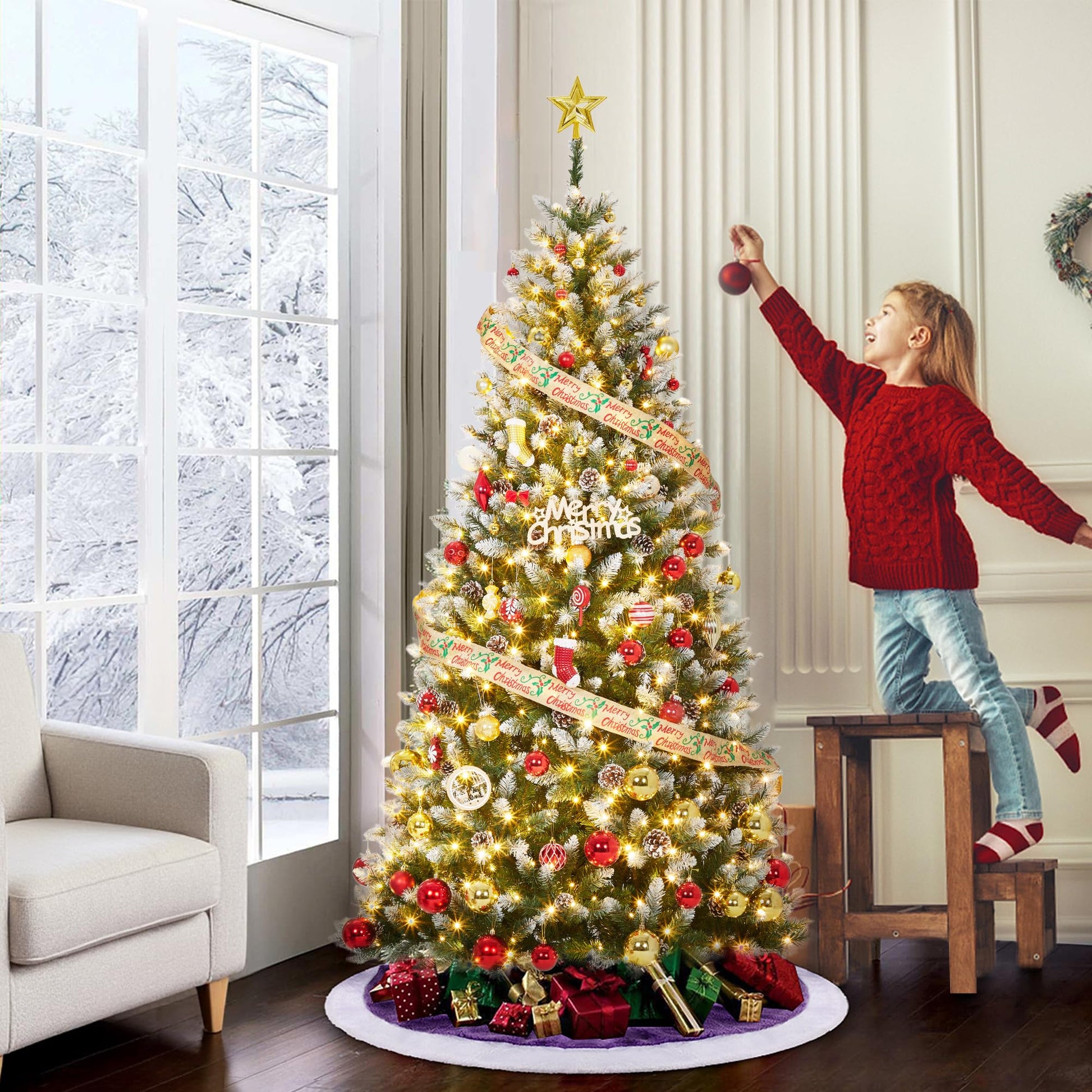 Albero di Natale Artificiale Garvee 225 cm PE/PVC - 400 LED, 3000 Rami, Supporto Metallico
