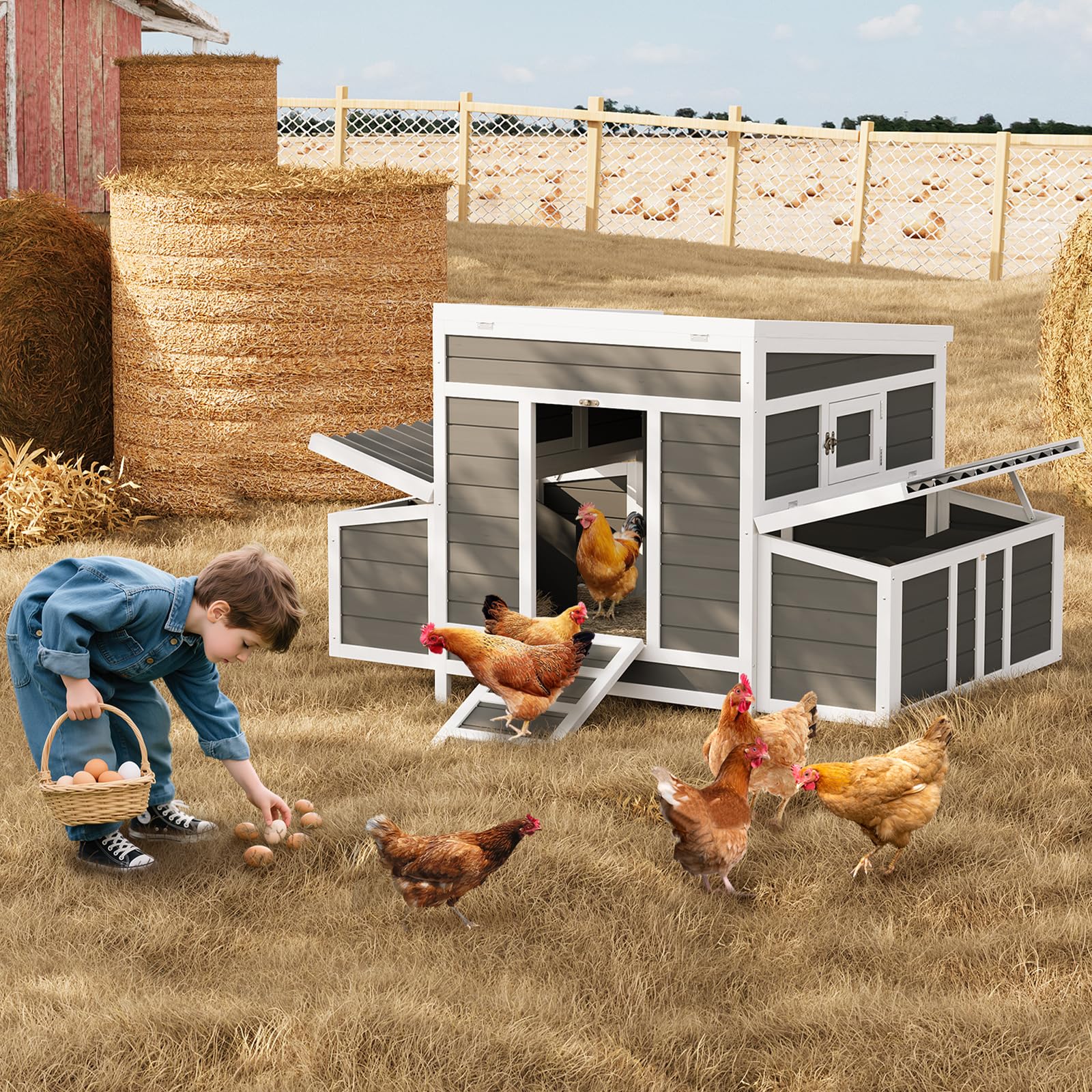 Pollaio in legno Garvee per 4-6 galline con tetto resistente alle intemperie, 2 nidi, connettori in metallo, giardino, 54x34x34 pollici, legno naturale