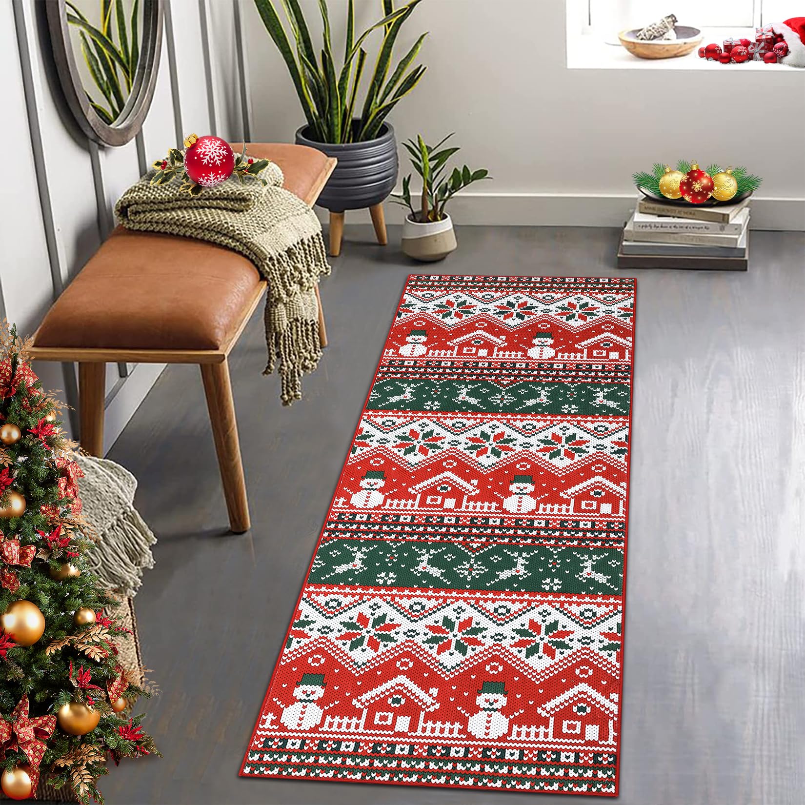 Tappeto natalizio Garvee con pupazzo di neve rosso, morbido e antiscivolo, in poliestere, 60x180 cm, per soggiorno e camera da letto