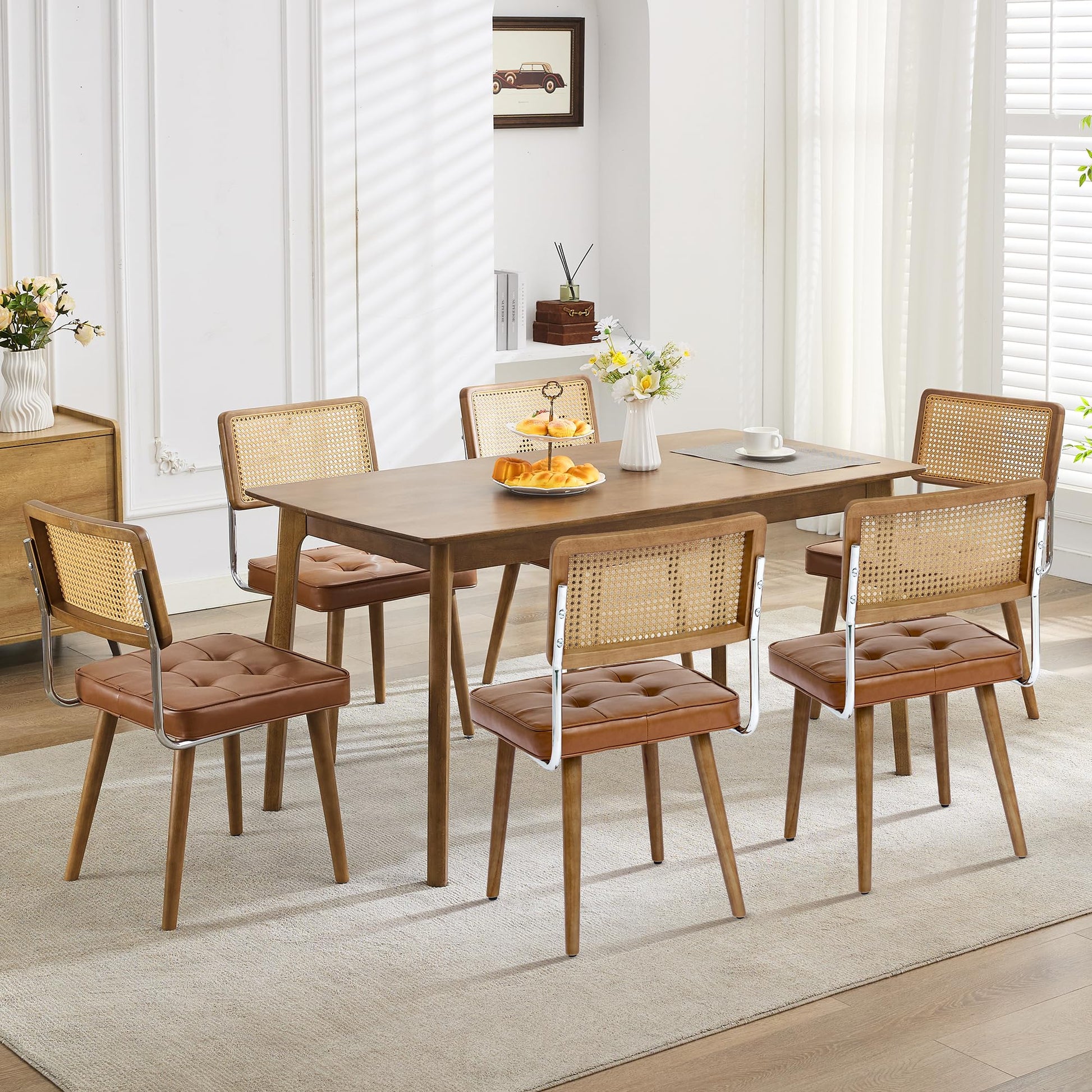 Set di 2 sedie da pranzo Garvee Mid Century in rattan con schienale intrecciato a mano, seduta imbottita, struttura in legno, pelle PU marrone, per cucina e sala da pranzo