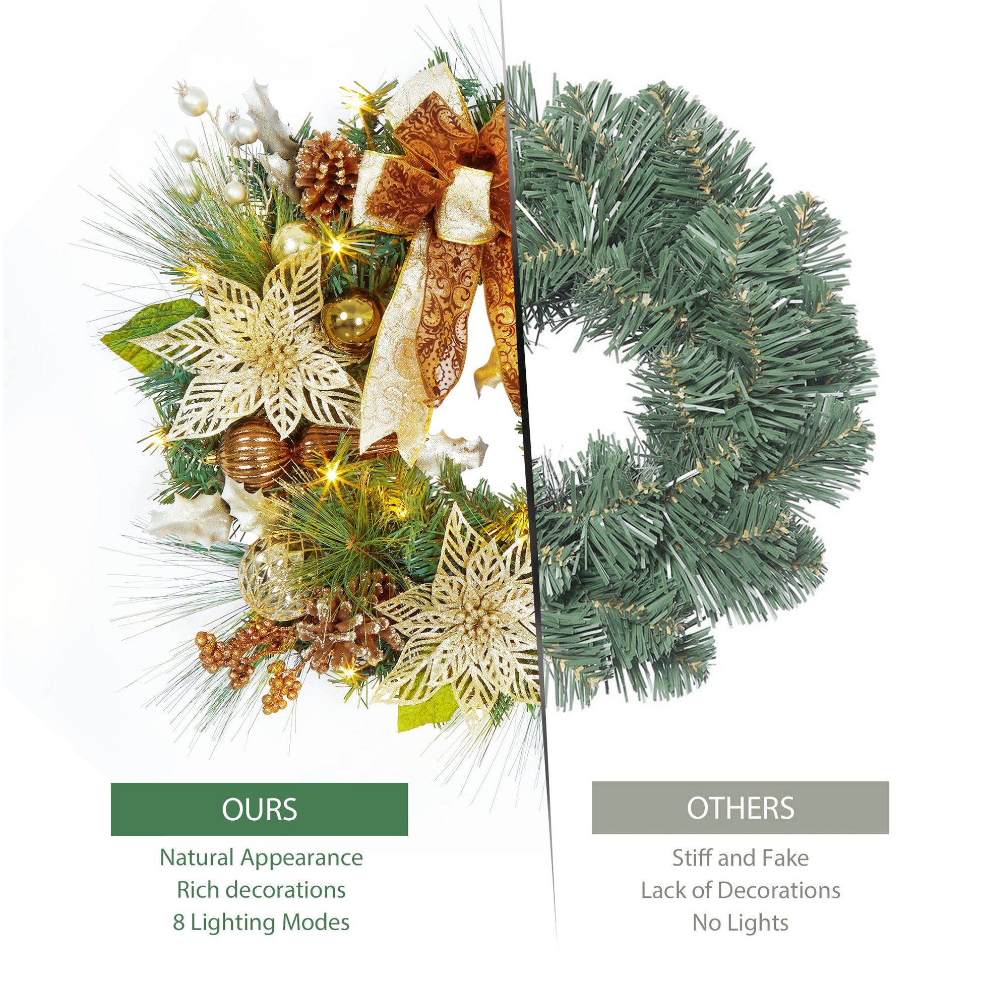 Ghirlanda natalizia dorata Garvee da 24 pollici illuminata con 20 luci LED per porte e finestre, marrone