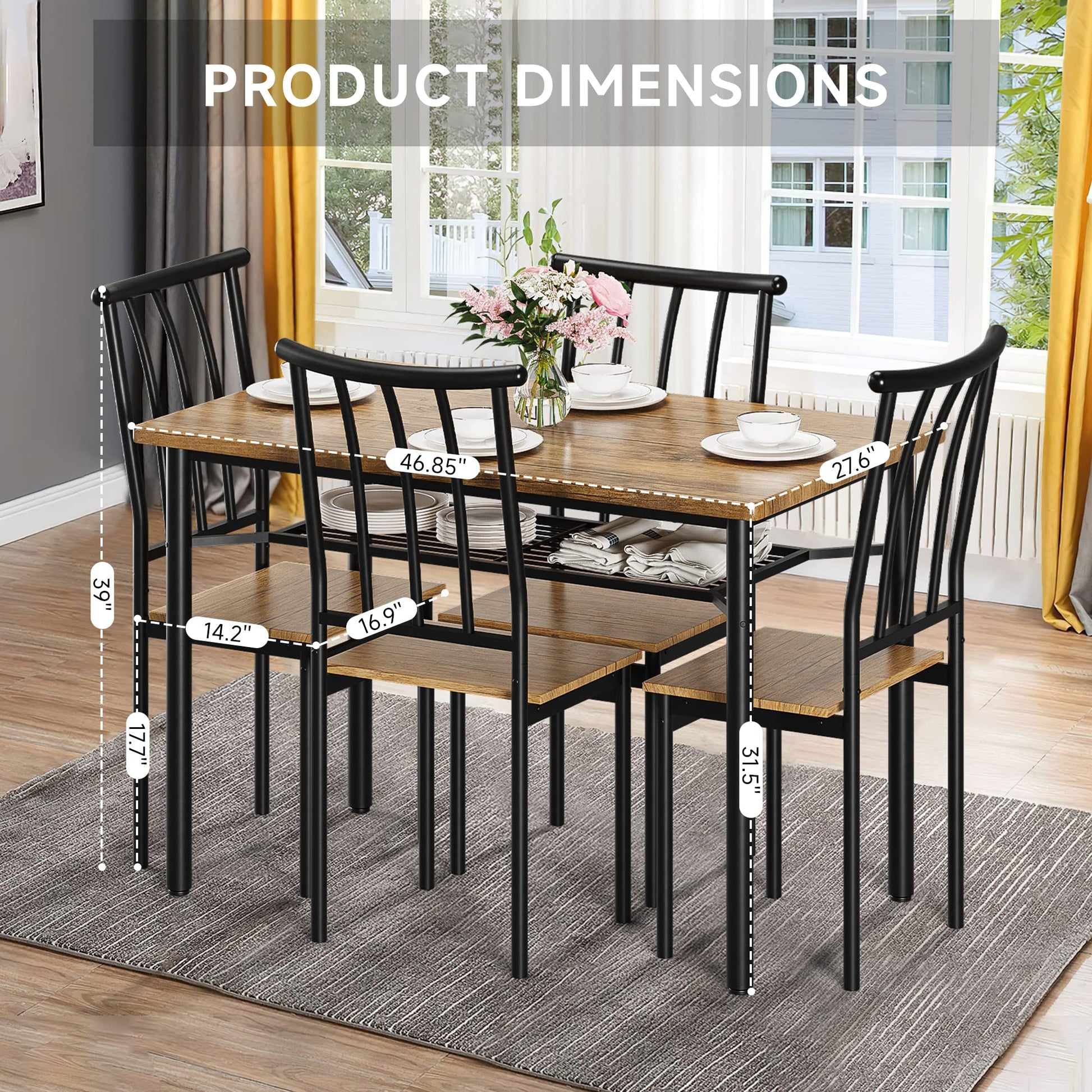Set da pranzo Garvee per 4 persone con portabottiglie, in metallo e legno, rettangolare, marrone ruggine, salvaspazio per stanze e appartamenti di piccole dimensioni