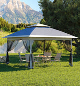 Gazebo pieghevole Garvee 13x13 con zanzariera, struttura in acciaio robusto, protezione UV UPF 50+, impermeabilizzazione, blu navy + grigio canapa, fisso in giardino - Blu navy + Grigio canapa
