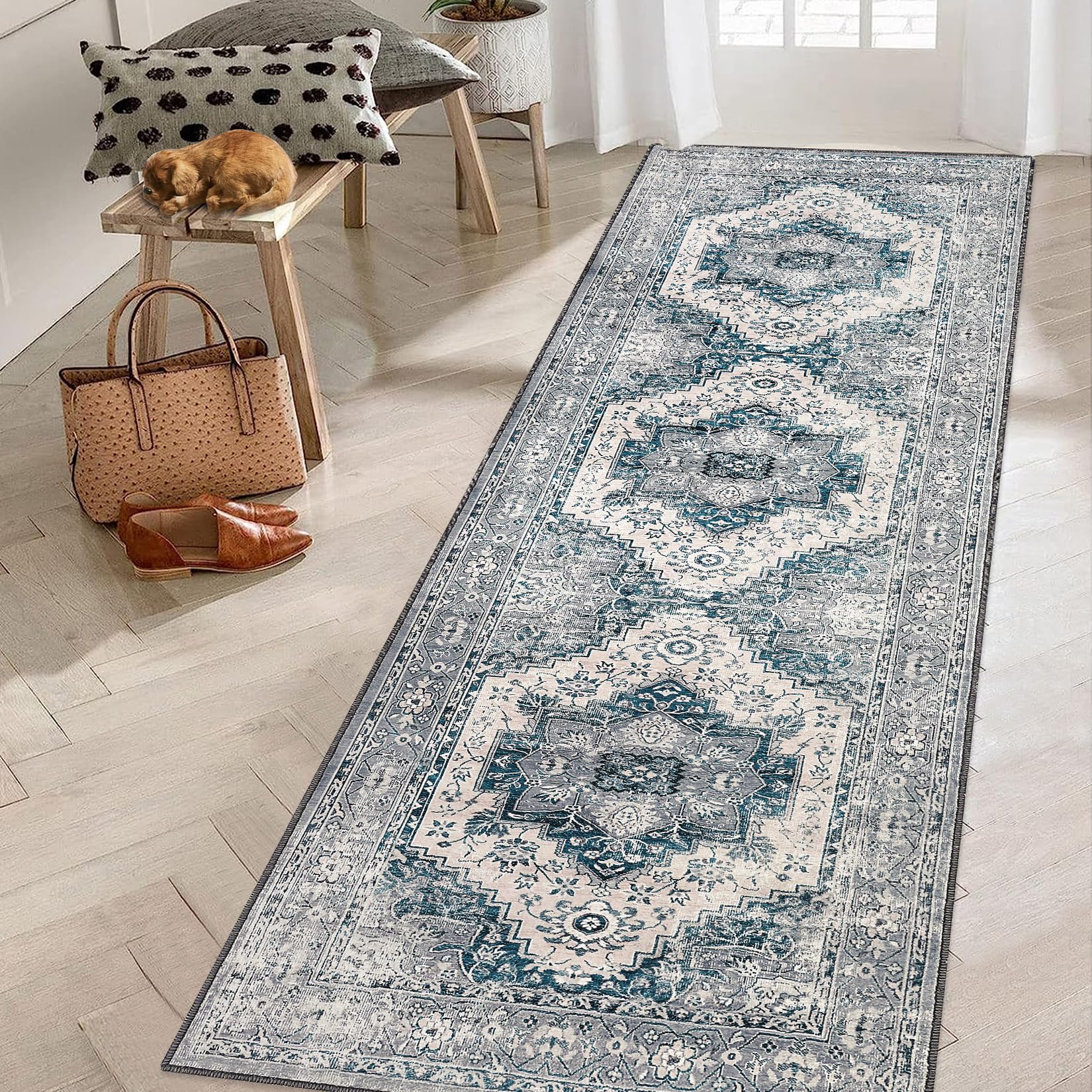 Garvee Teppichläufer Vintage Grau Blau Schmutzabweisend Waschbar Polyester Kaschmirimitat Rutschfest Flachflor 60x230 cm Für Flur Wohnzimmer