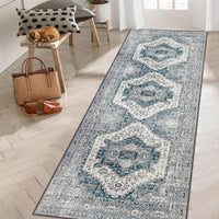 Garvee Teppichläufer Vintage Grau Blau Schmutzabweisend Waschbar Polyester Kaschmirimitat Rutschfest Flachflor 60x230 cm Für Flur Wohnzimmer