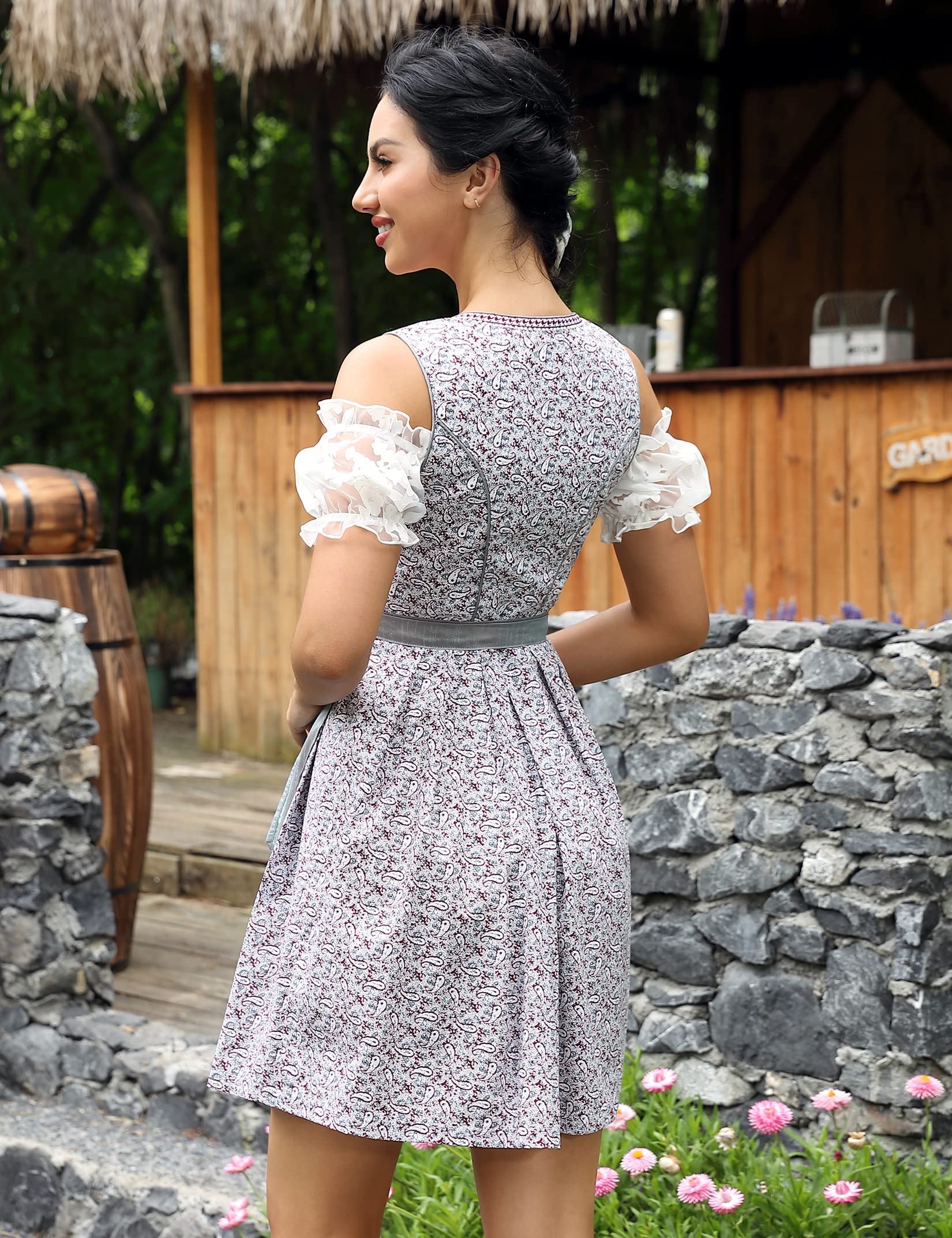 Garvee Dirndl corto midi da donna, abito tradizionale, set da tre pezzi per l'Oktoberfest, fiori di anacardi, taglia 36