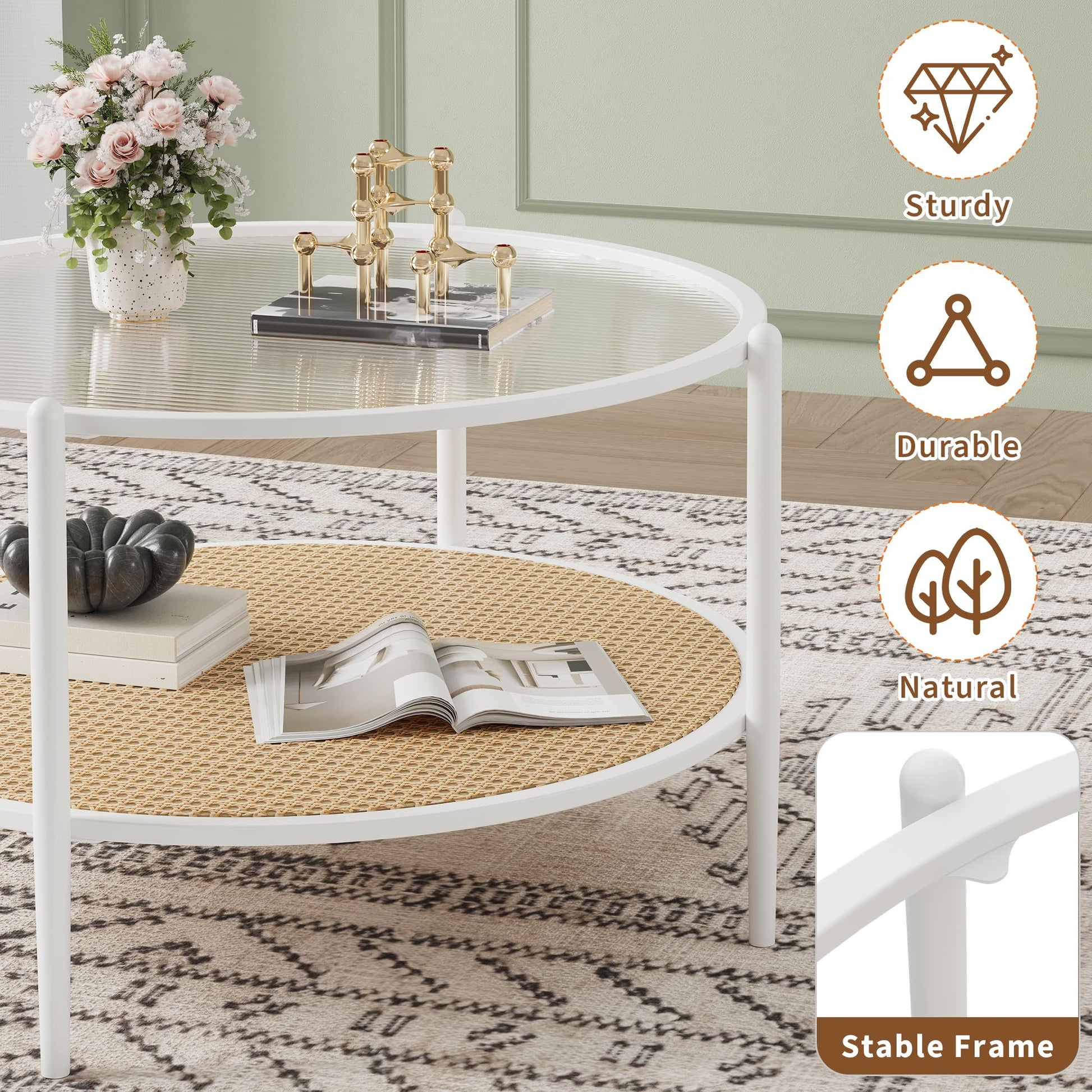 Tavolino da caffè Garvee in rattan da 30" con struttura in metallo e vetro resistente al calore per soggiorno e ufficio, bianco, 30 pollici